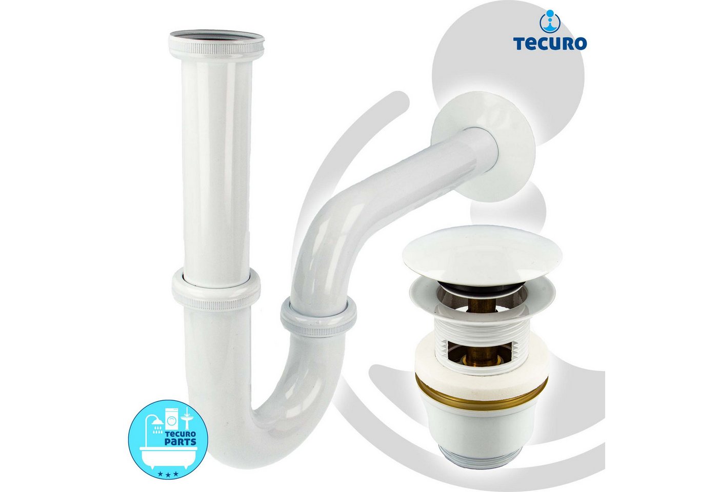 Thumbnail - tecuro Siphon Siphon extra lang mit Pop Up Ablaufventil weiß (RAL 9010), (Ablaufventil und Röhrensiphon)