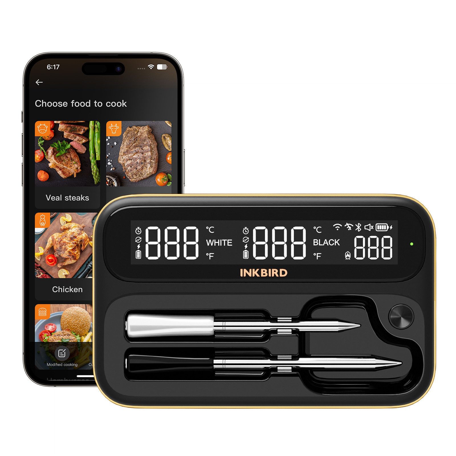INKBIRD Grillthermometer mit 2 Sonden, Bluetooth Wi‑Fi Kabellos, IP67 wasserdicht, Schwarz, 1-tlg., Ultraklarer Bildschirm