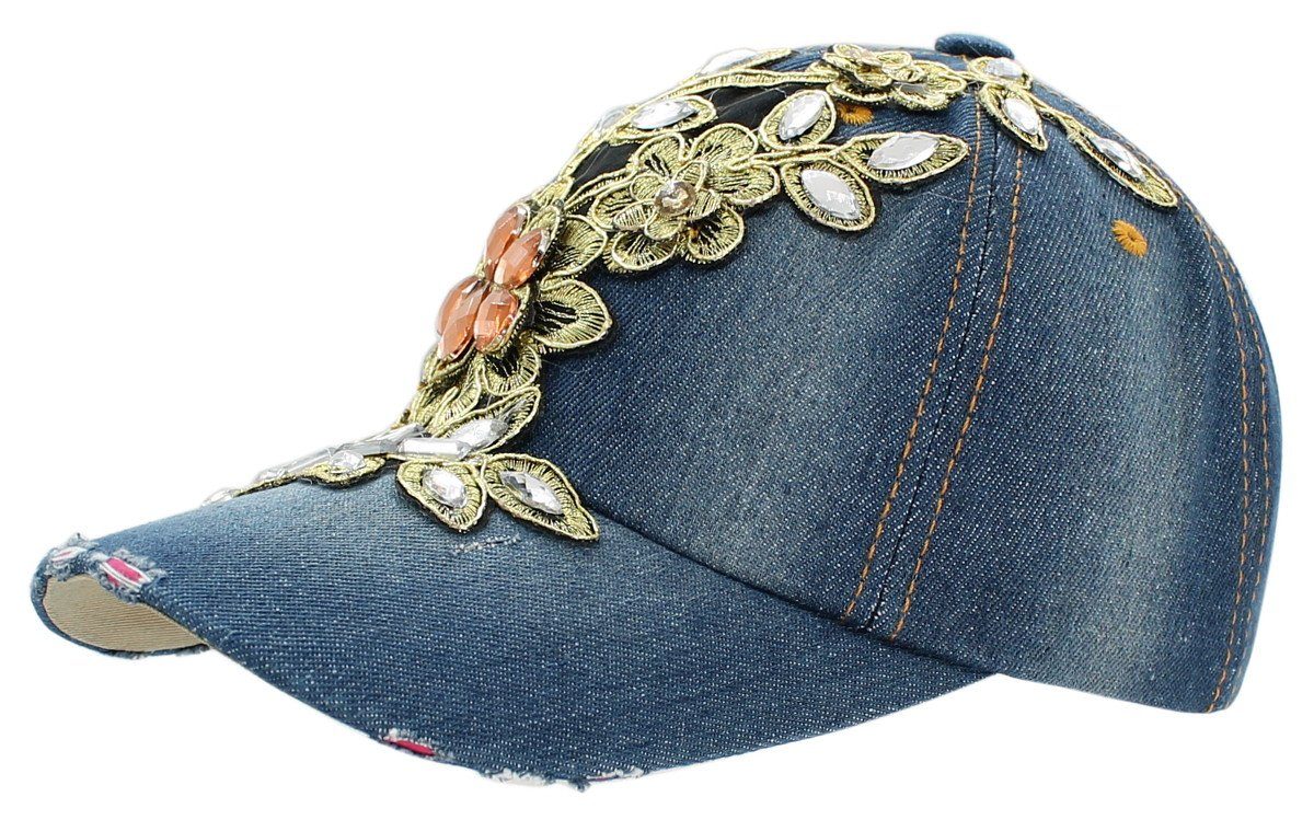 dy_mode Baseball Cap Damen Baseball Cap Size One K003-Jeansblau Kappe mit Strasssteinen mit Glitzer Schirmmütze