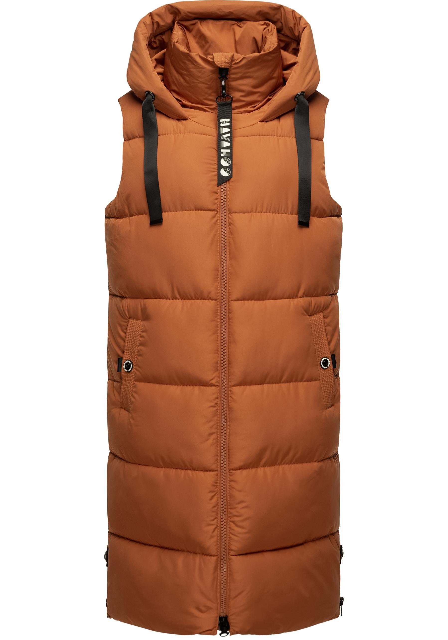 mit lang warme Damen Schnuffelchen Kapuze Outdoor-Weste (1-tlg) braun Steppweste Navahoo