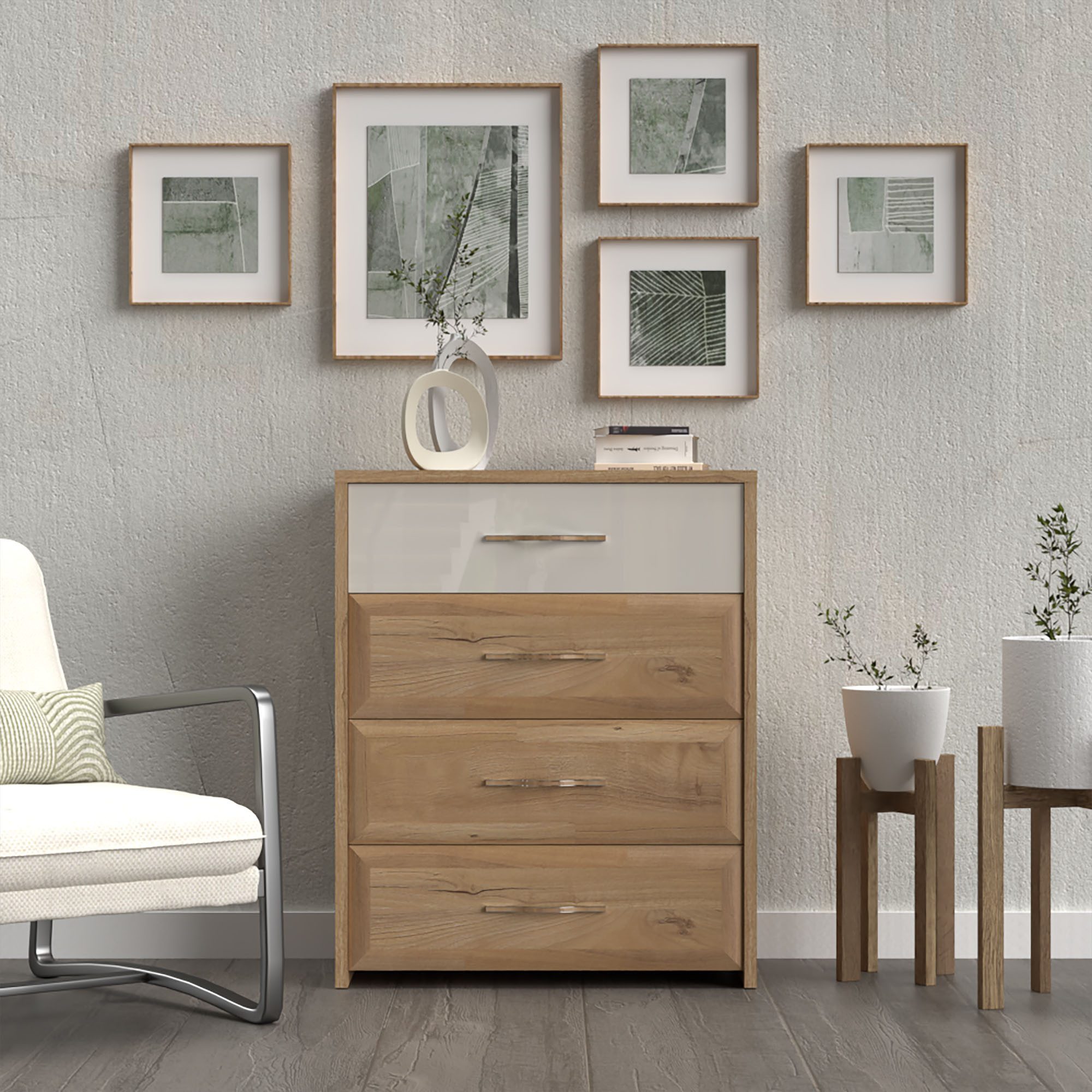 OTTO home Kommode Gala, melaminbeschichtet,1 Schublade beige hochglänzend UV lackiert (Soft-Close Funktion, Maße: B/T/H 86/46/105cm), Sideboard mit 4 Schubladen, klassische Rahmenoptik, FSC®-zertifiziert