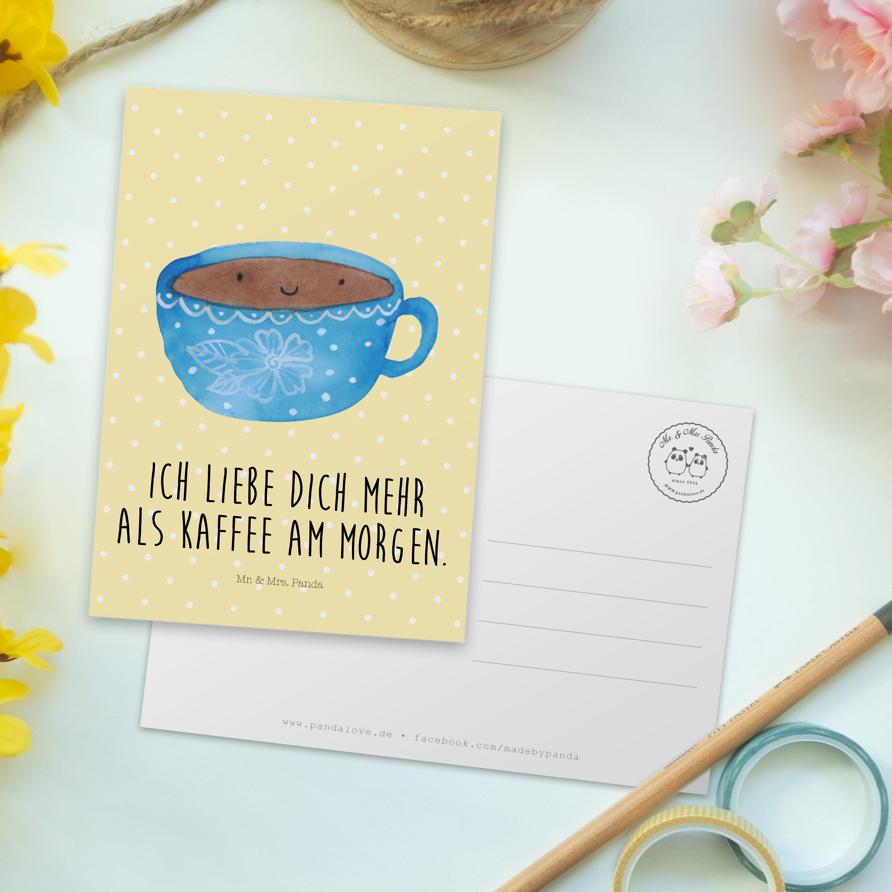 Mrs. Mr. Ansichtskarte, Geschenk, Pastell Einladung, Kaffee Panda Gelb - Postkarte Tasse - Gut &