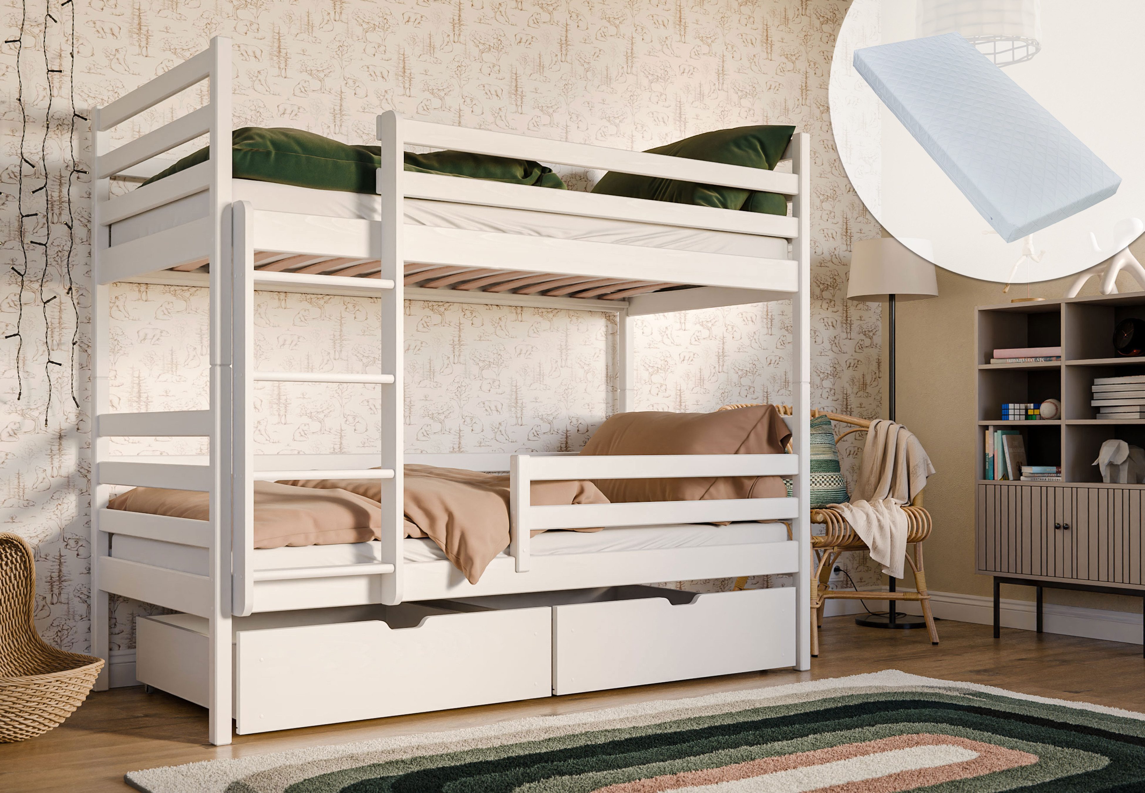 Etagenbett Hochbett 90x200 mit 2 Schubladen Kinderbett mit Rausfallschutz
