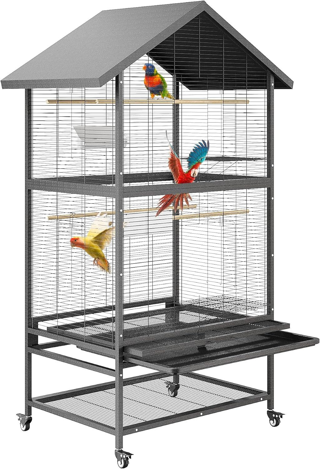 Vogelkäfig mit 4 Metallfutterspendern,Holzstangen und Lagerregal
