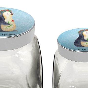 Mr. & Mrs. Panda Vorratsglas L 870ml Pinguin Blumen - Eisblau - Geschenk, Süßigkeitendose, Blumenk, Premium Glas, (1-tlg), Vielseitig einsetzbar