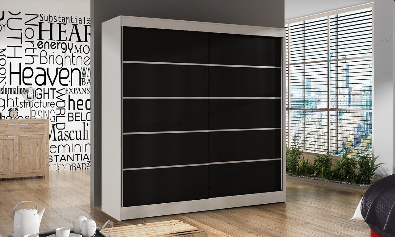 Sofnet Kleiderschrank Basti IV (mit Schiebetüren und Kleiderstange) Schwebetürenschrank mit 2 Türen, Schiebetürenschrank - 200x215x58 cm Weiß / Schwarz