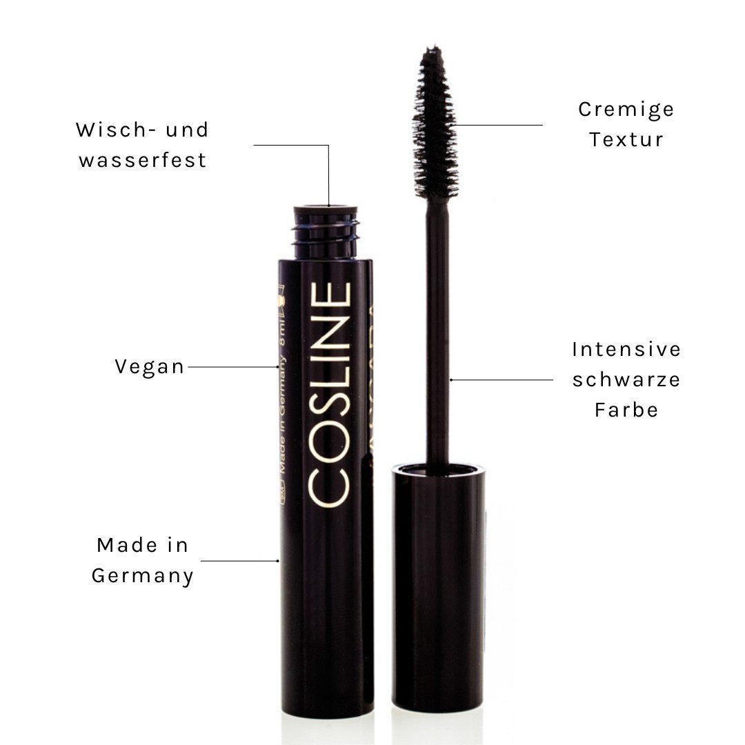 Cosline Cosmetics Mascara Black Waterproof, wisch- und wasserfest, tiefschwarz pigmentiert