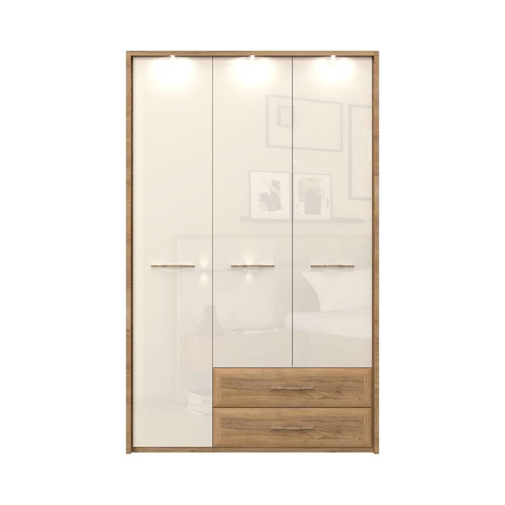 OTTO home Kleiderschrank Gala, beige hochglänzend UV lackiert, kratzfest, FSC-zertifiziert (abgerundete Schubladen aus MDF im Holzdekor, soft-close) mit Beleuchtung und Passpartourahmen, hoher Schrank (224cm), 3 Breiten