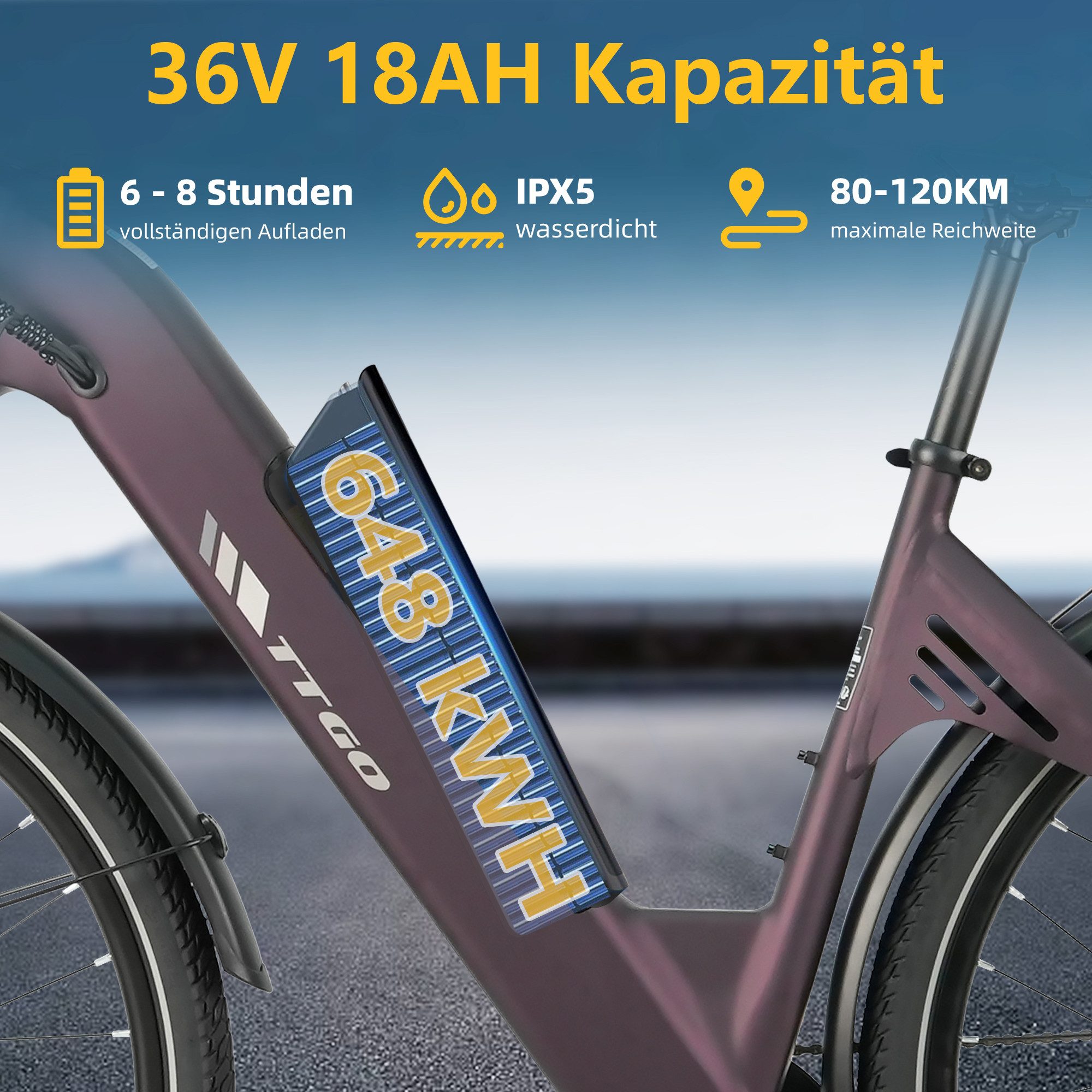 TTGO E-Bike Cityrad 28 Zoll, 120km, Elektrofahrrad für Damen und Herren, Tiefeinsteiger, 7 Gang SHIMANO, Kettenschaltung, Heckmotor, 650 Wh, (für ca. 160–195 cm), 5 Stufen, Leicht nur 26kg, Pedelec bis zu 125kg, Aluminiumrahmen