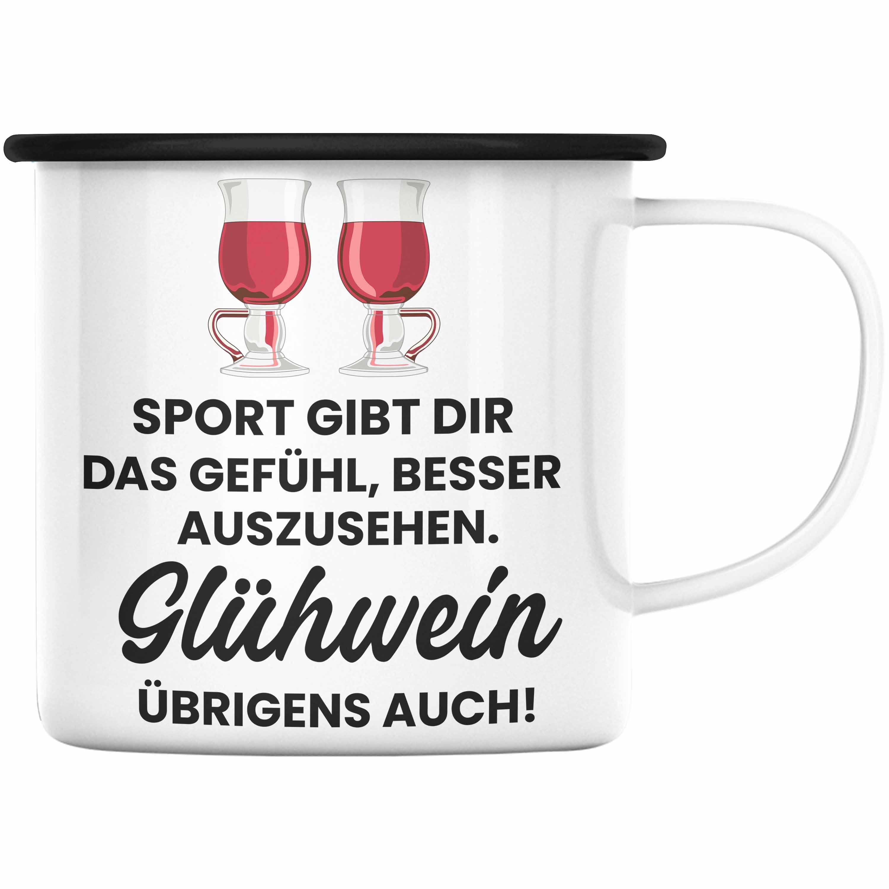 Trendation Thermotasse Trendation - Tasse Glühweinbecher Doppelwandig mit Geschenk GlühweinEmaille Emaille Spruch Henkel Glühwein Lustig Emaille Tassen Schwarz Gläser Becher Tassen Weihnachtsmarkt