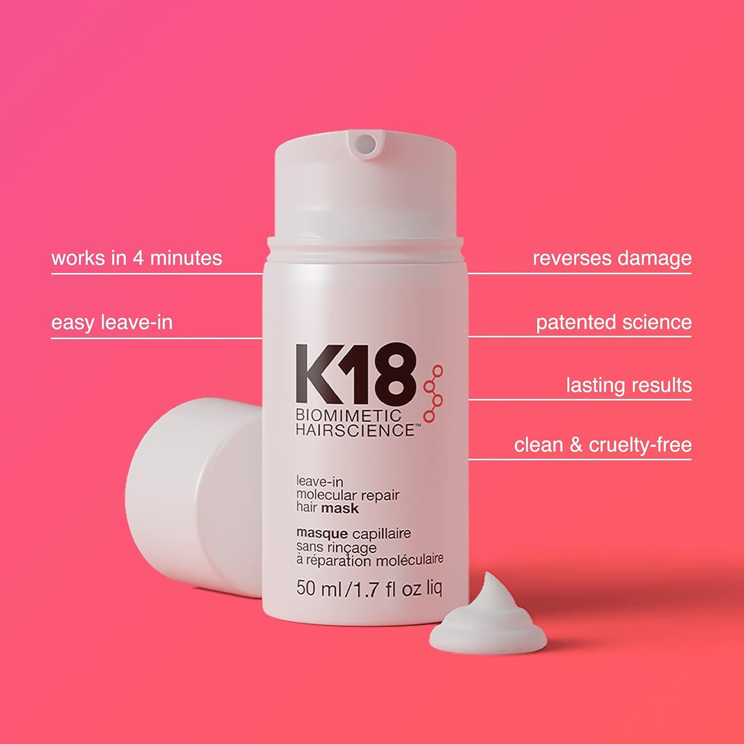 K18 Haarmaske Leave-In Molecular Repair Hair Mask 50ml – Leave-in Haarmaske für, geschädigtes Haar – intensive Haarpflege bei chemisch behandeltem Haar, Hitze-Styling & mechanischer Belastung, 4 Minuten Einwirkzeit