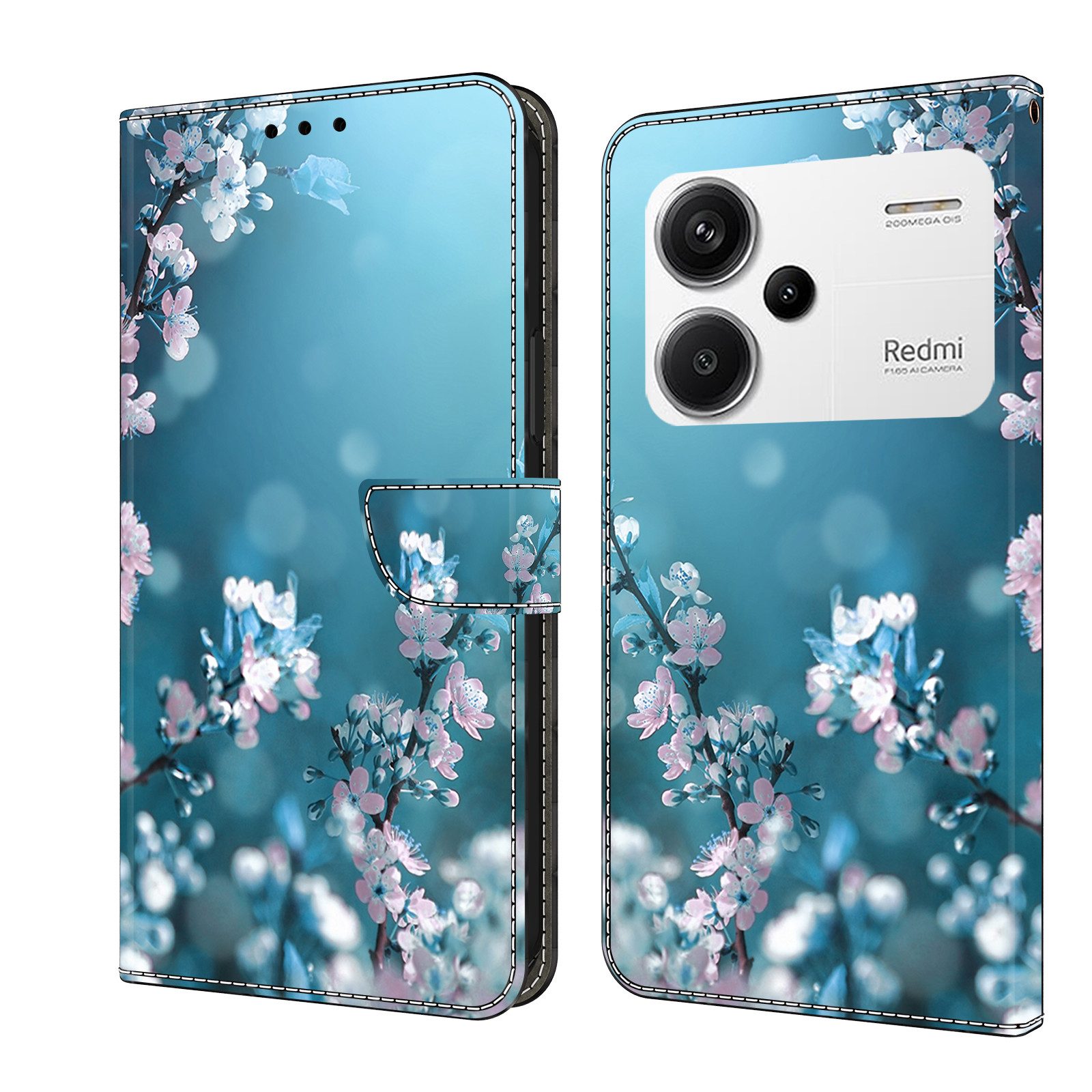 CLM-Tech Handytasche für Xiaomi Redmi Note 13 Pro Plus 5G Hülle aus Kunstleder Klapphülle (Pflaumenblüte blau, Handyhülle mit Standfunktion - Wallet Flip Case inklusive Kartenfächer), - Cover mit Magnetverschluss - Redmi Note 13 Pro+ 5G Schutzhülle