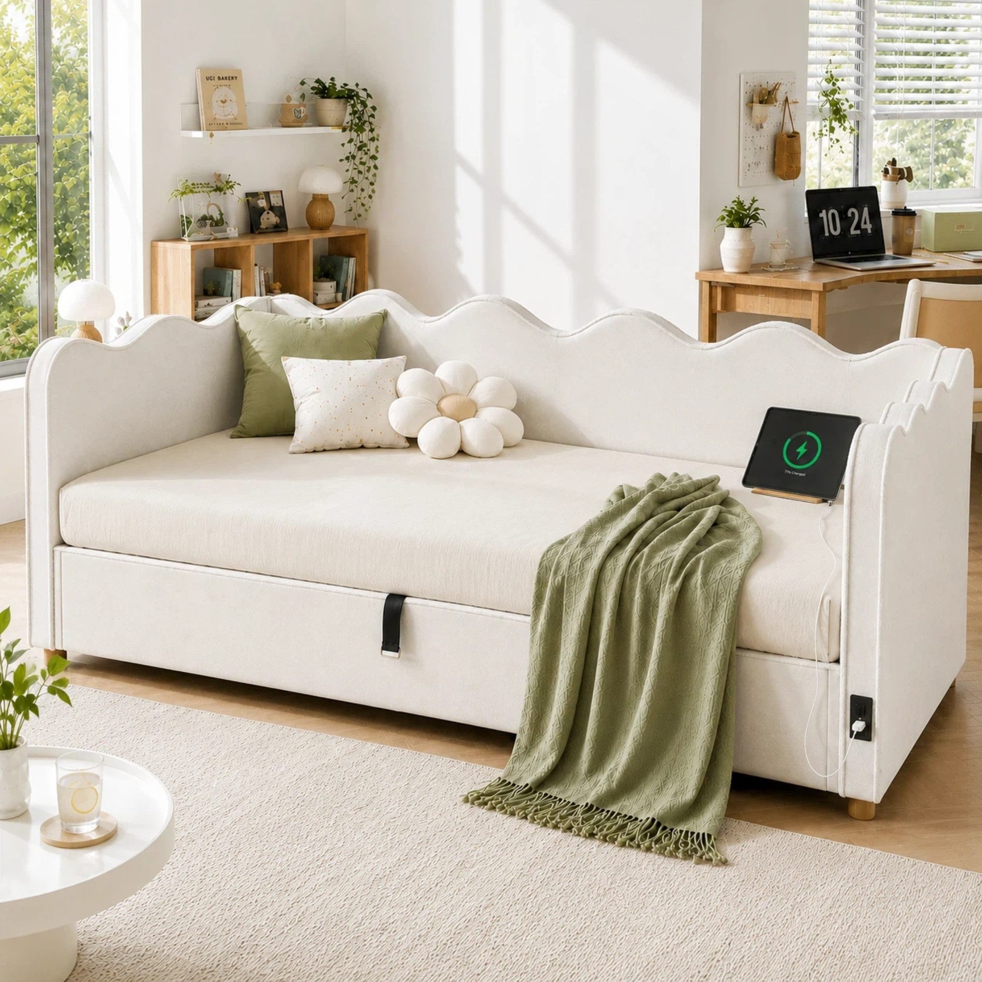 Flieks Schlafsofa, Hydraulisches Stauraumbett Polsterbett 90x200cm mit USB-Aufladen