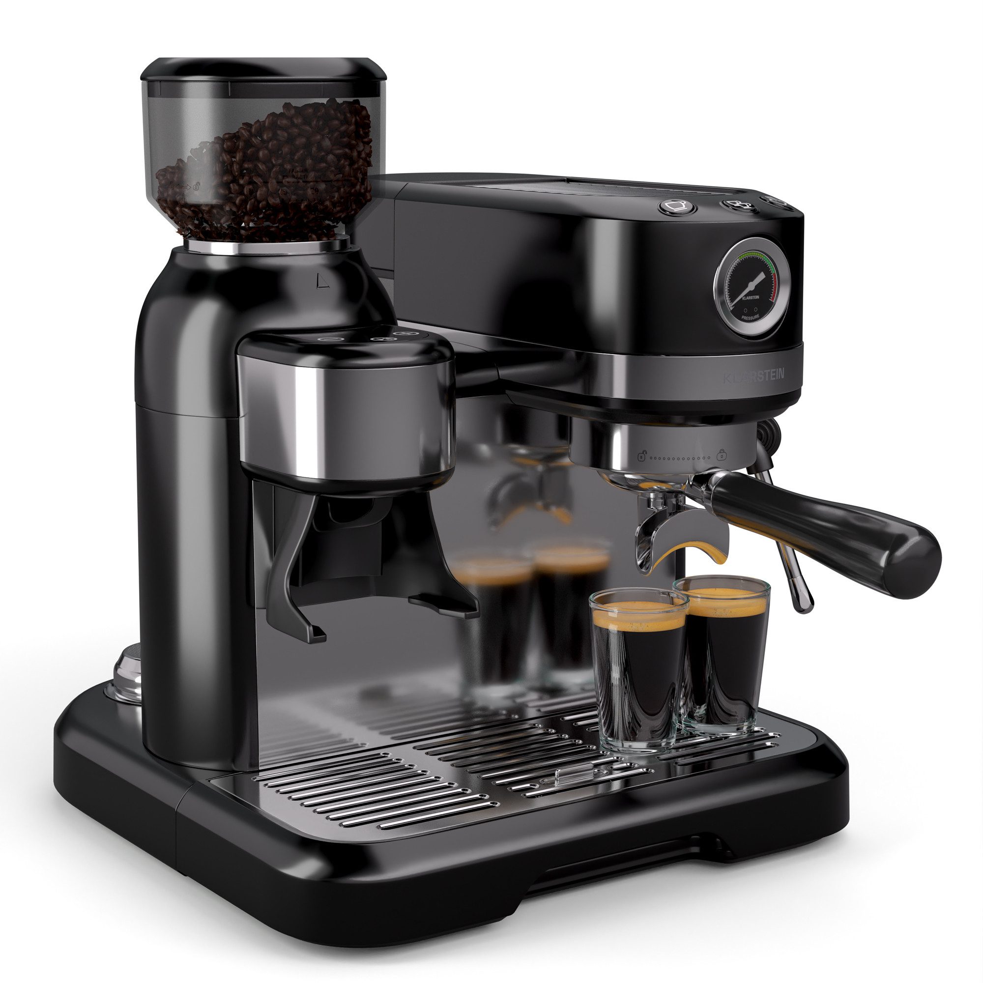 Klarstein Espressomaschine, 1.4l Kaffeekanne, Edelstahl-Siebträger, Elektrisch 19 Bar Espressomaschine Kaffemaschine Kegel-Mahlwerk