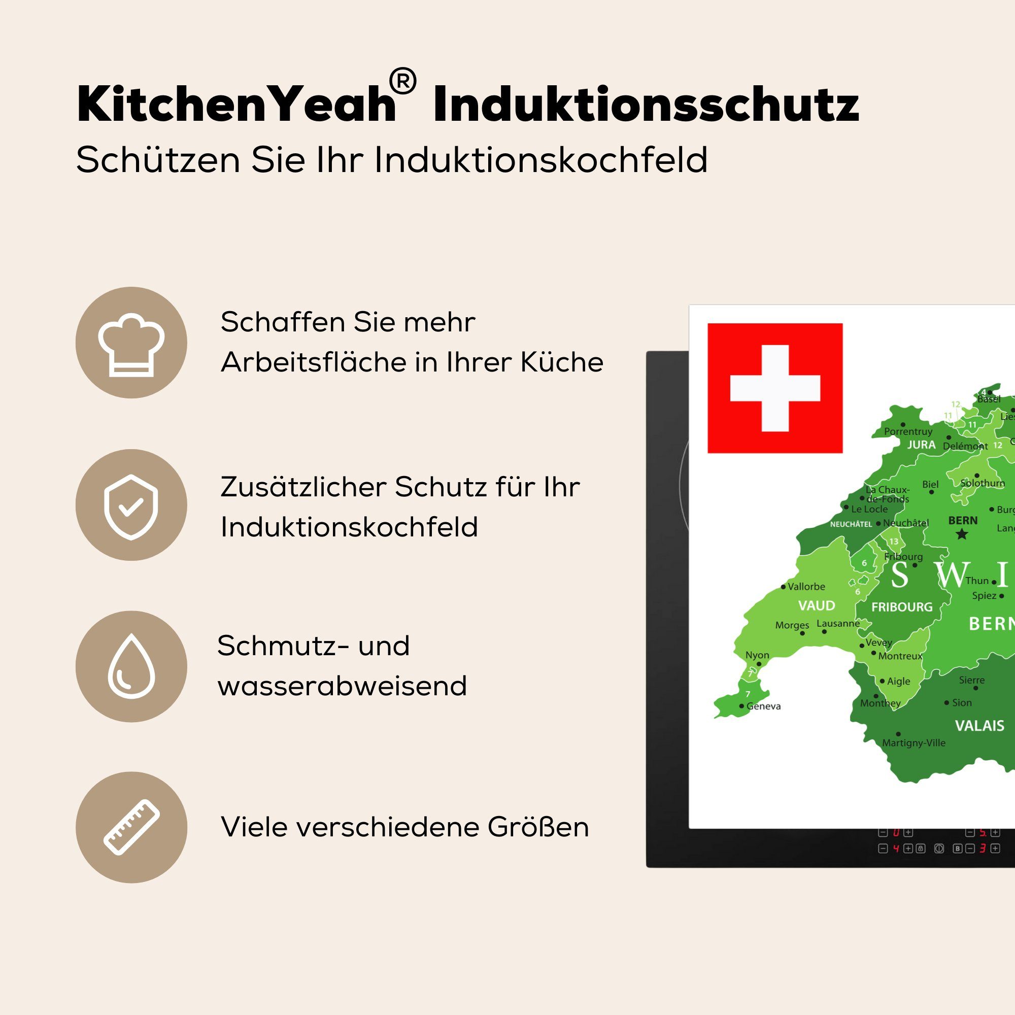 MuchoWow Herdblende-/Abdeckplatte Grüne Karte der Schweiz, 81x52 cm, küche, (1 tlg), Schutz die Ceranfeldabdeckung für Vinyl, Induktionskochfeld