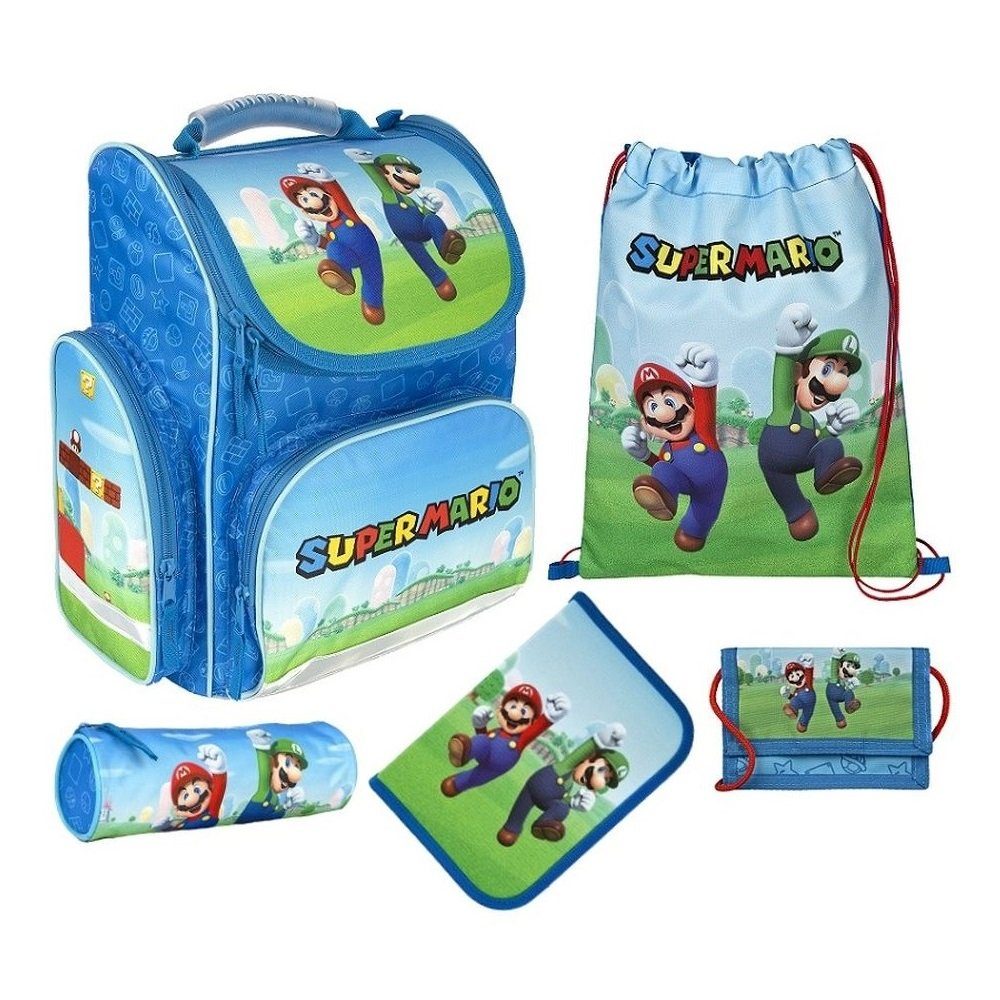 Familando Ранцы Super Mario Ранцы für die 1. Klasse, 930 Gr., 15 L Volumen (Set, 5-tlg., inkl. Federmäppchen (nicht gefüllt), Nintendo SUPER MARIO und Luigi