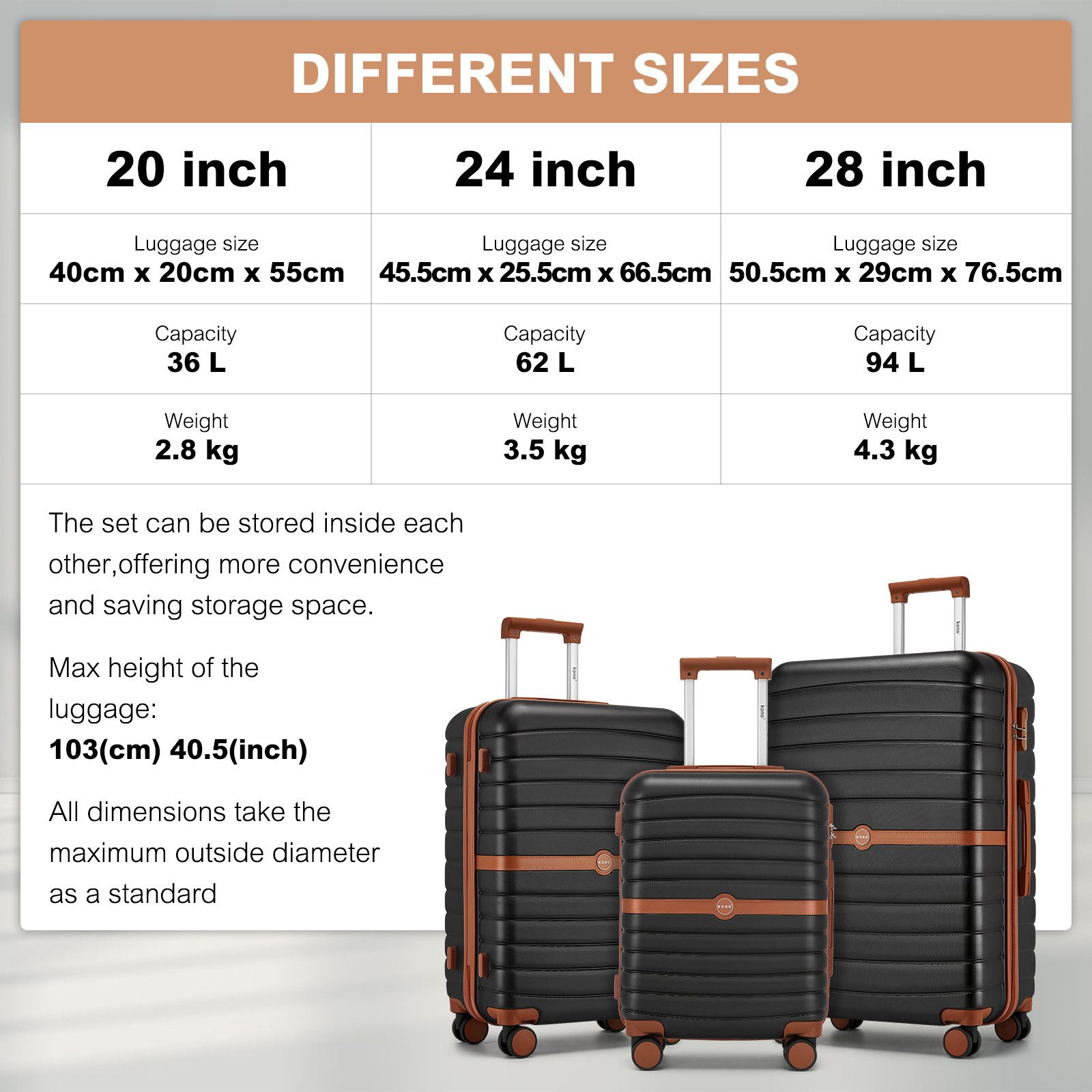 KONO Kofferset Hartschalenkoffer (55/66,5/76,5 cm Hoch)+Kabinentasche günstig online kaufen