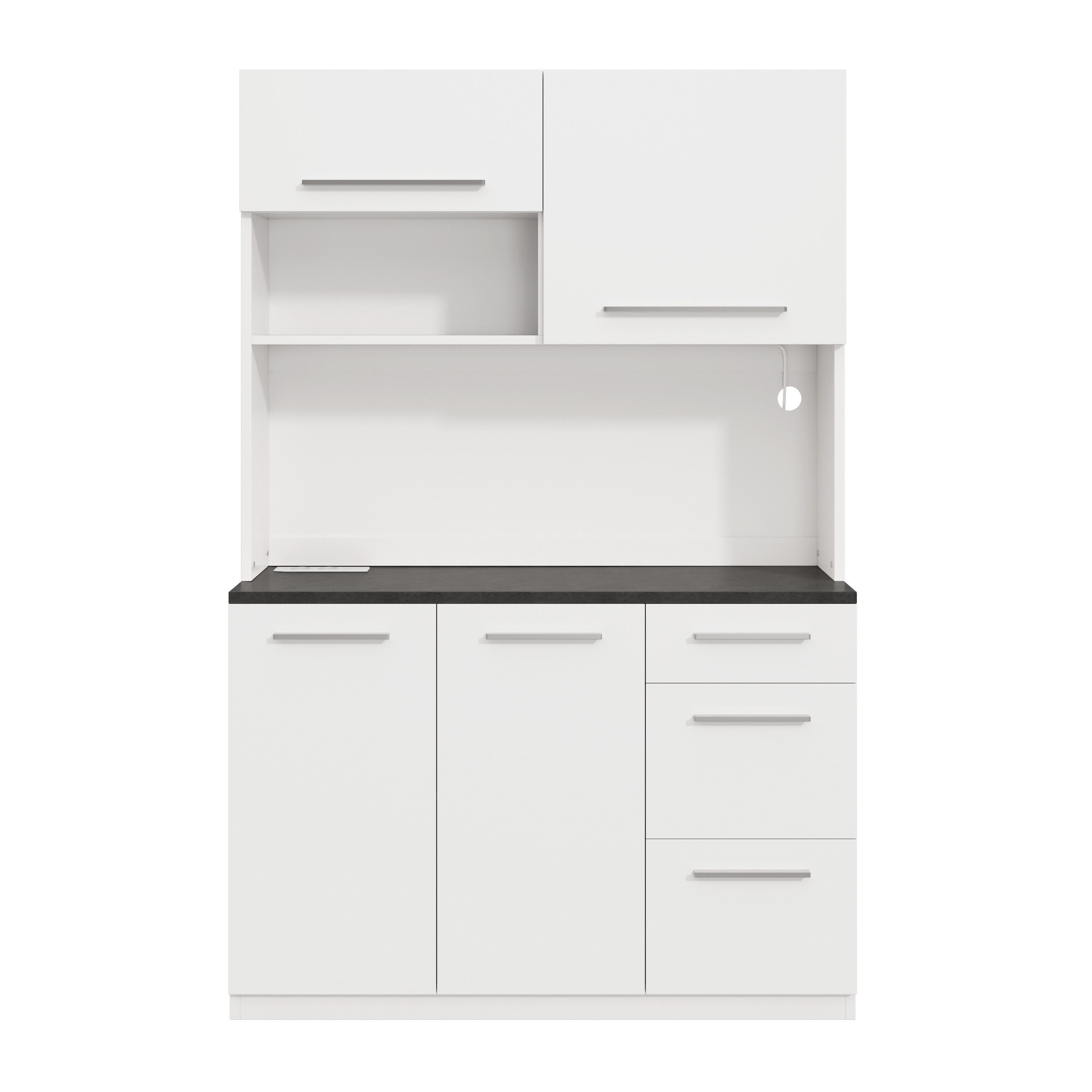 Flieks Küchenbuffet mit Steckdosen, LED-Beleuchtung und verstellbarer Einlegeböden (mit schwarzer Arbeitsplatte in Steintextur, 1-St., B120/T40/H180 cm) Hochschrank Küchenschrank Geschirrschrank mit Ladefunktion Weiß