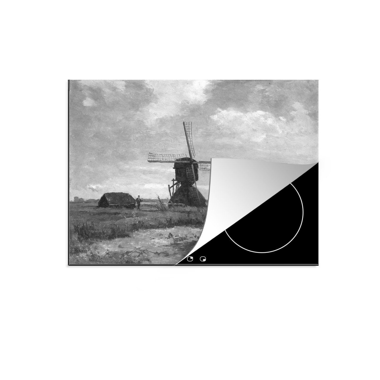 Arbeitsfläche eine Herdblende-/Abdeckplatte Sonniger nutzbar, am in 70x52 Vinyl, (1 cm, Mühle Wassergraben Ceranfeldabdeckung Mobile Tag, tlg), von, schwarz-weiß Gemälde MuchoWow -