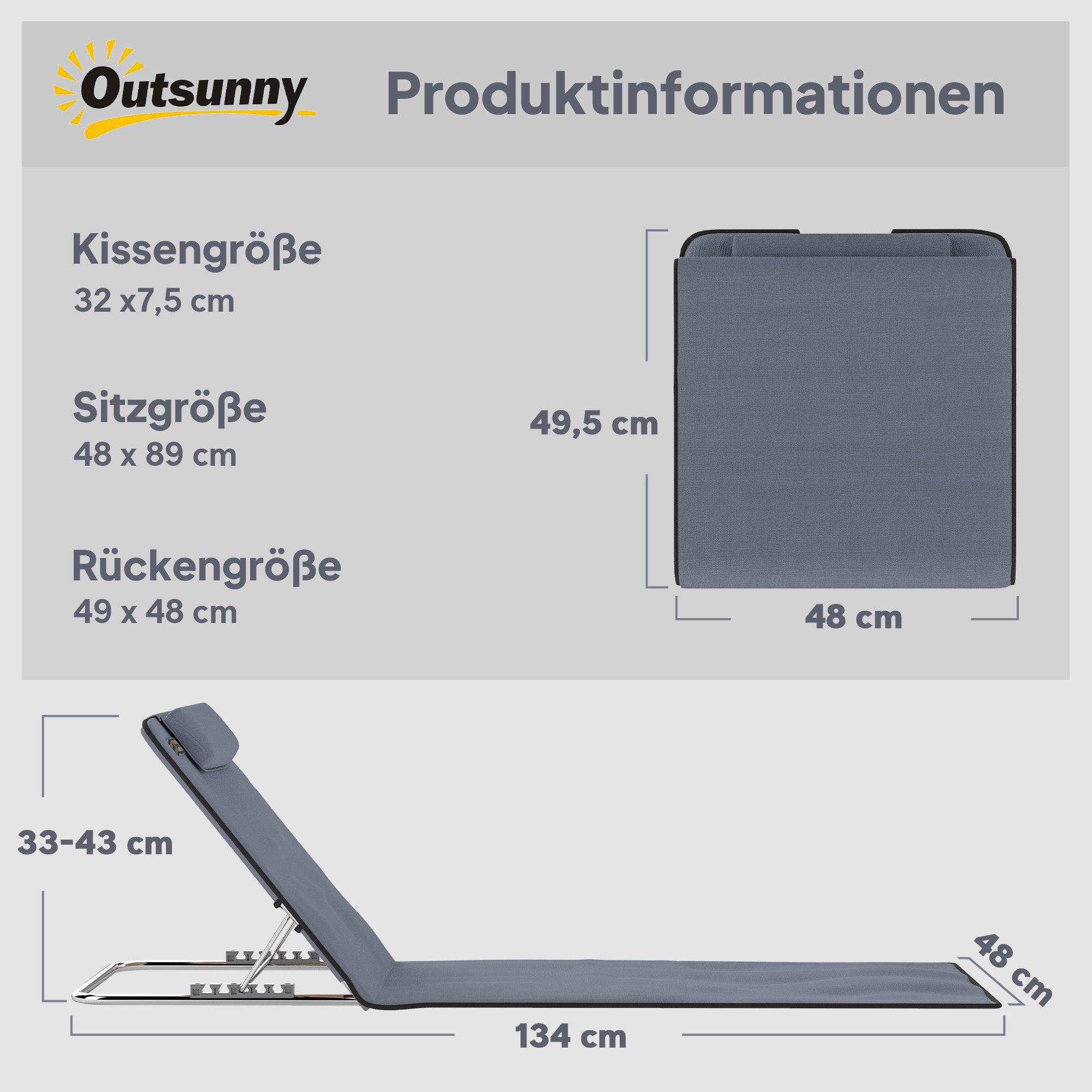 Outsunny Gartenliege Strandmatte mit Tragetasche, Faltbare Strandliege, 2 St., Strandmatratze, Stahl, Grau, 134 x 48 x 33-43 cm