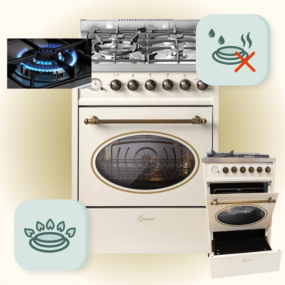 GURARI Gas-Standherd 60 cm, 55L in Creme mit Gasgrill, Erdgas Fl.Gas 4 Kw WOK+Dunstabzugshaube 60 cm, 1000m³/h, in Weiß GCH G 614 CR +GCH C 046 WH 6, mit 1-fach-Teleskopauszug, Gas-Standherd 60 cm+Dunstabzugshaube 60 cm