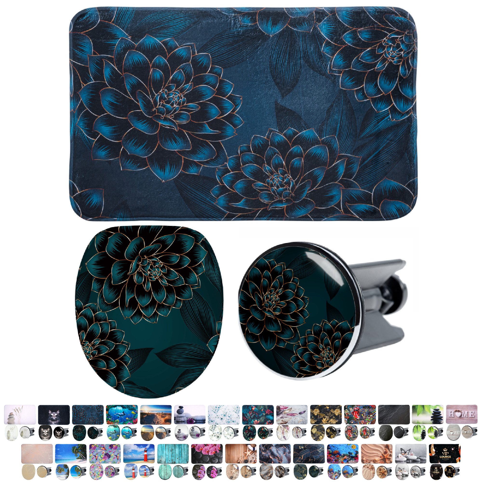 Sanilo Badaccessoire-Set 3-teilig mit Motiv, viele schöne Sets zur Auswahl, WC-Sitz mit Absenkautomatik, Badteppich 70 x 110 cm, Waschbeckenstöpsel, 3 tlg., 3-teilig, hochwertig & modern, universell, leichte Montage