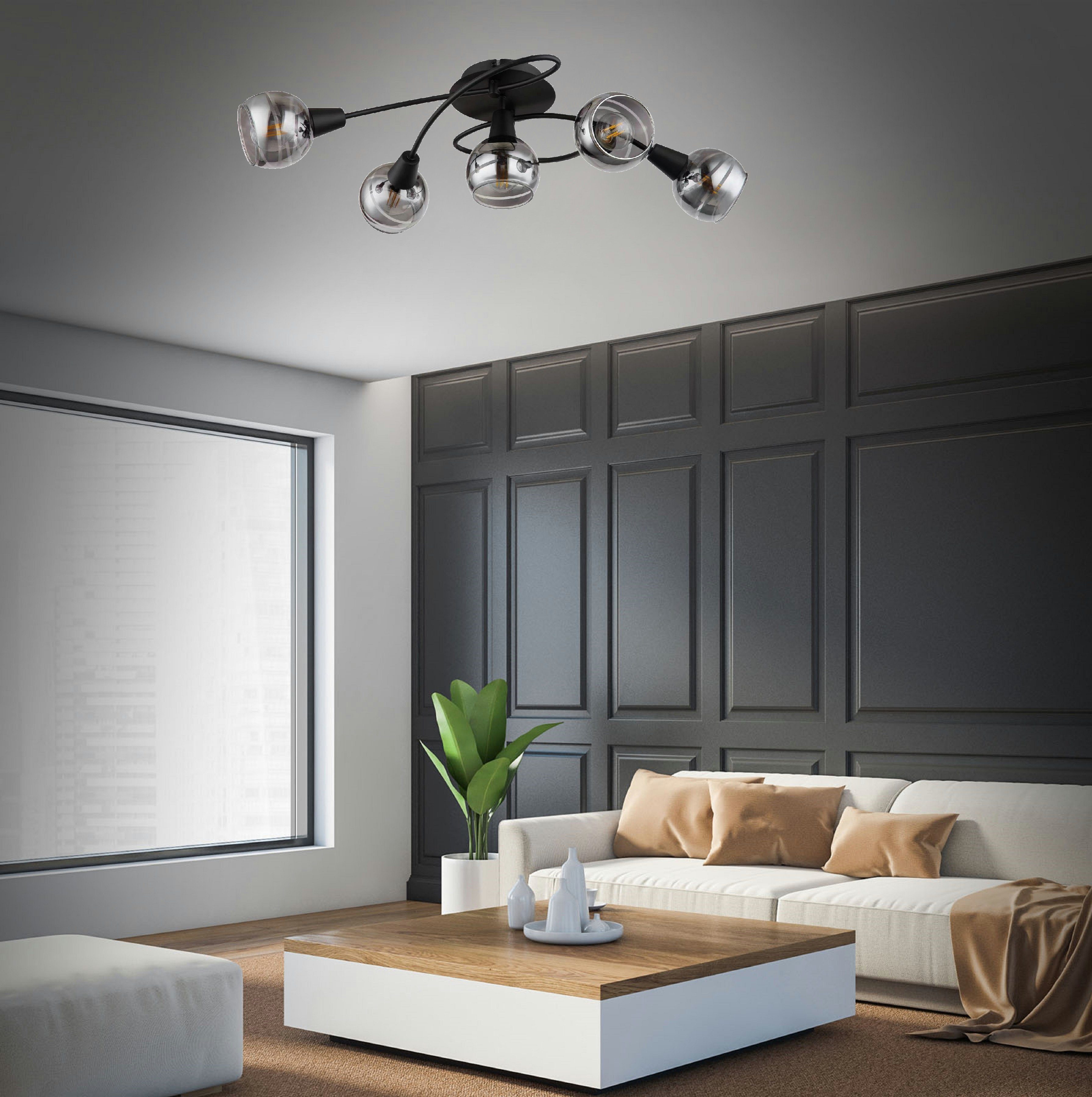 mit Deckenlampe in Lampe, 1010-55SD Spots Leuchtmittel LED Wohnzimmer inkl. Deckenleuchte, rauchigen Deckenstrahler, 5x Dimmfunktion, 3000K Schwarz-Optik Glaslampenschirmen, TRANGO Design dimmbar Deckenleuchte LED 3-Stufen warmweiß, LED *WOW* 5-flammig