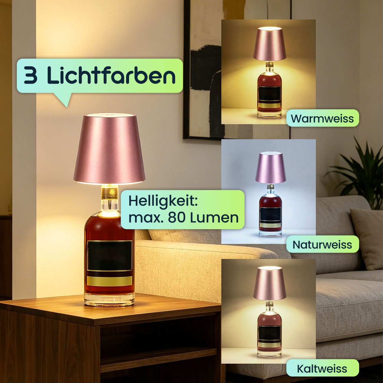shop'n smile ideoon LED Tischleuchte Akku Flaschenlampe Rosegold Dimmbar LED Tischleuchte Touch USB-C, LEDs, Kaltweiß, Warmweiß, Neutralweiß / Naturweiß, Akku-Flaschenlicht 3 Lichtfarben, dimmbar, Touch, Metallschirm, USB-C