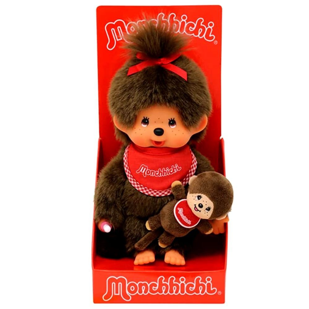 Monchhichi Plüschfigur Mädchen mit Mini Monchi 20 cm Monchhichi Puppe mit rotem Latz