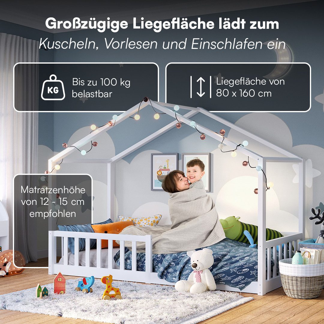 Bellabino Hausbett Kinderbett Bia mit Lattenrost (weiß, mit Matratze), Bodenbett mit Rausfallschutz, verfügbar in 80x160 & 90/120/140x200 cm