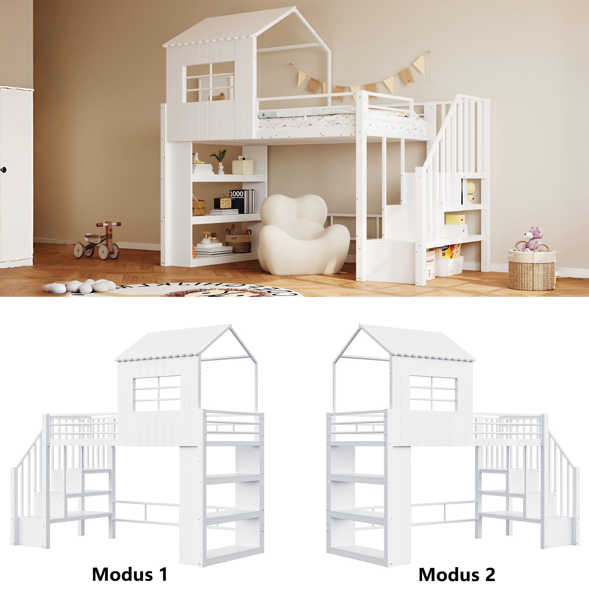 REDOM Hochbett mit Hausdesign, Schutzgitter und Stauraumregal (Montierbare Treppe für sicheren Zugang, Jugendbett Metallbett, 90x200 cm) ohne Matratze