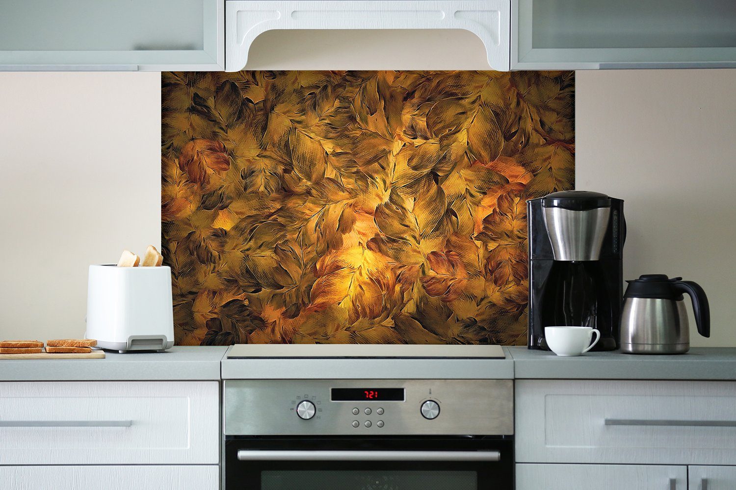 Wallario Küchenrückwand Goldene Blätter in Ölfarben, (1-tlg)