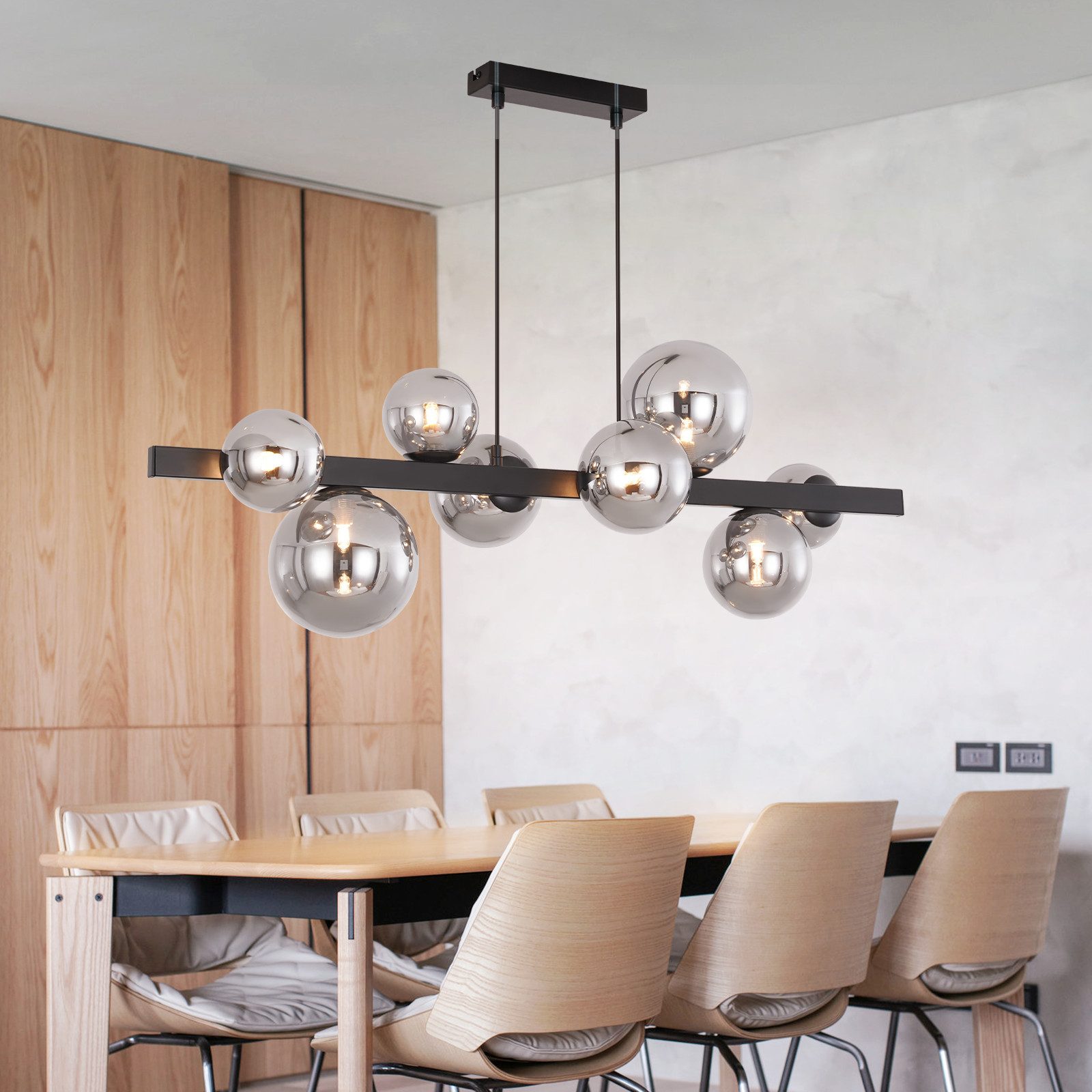 ZMH Pendelleuchte Esszimmer 8 Flammig G9 Glaskugel Retro 174 CM Hängelampe für Küche, Einfache Installtion, ohne Leuchtmittel, Groß Retro Hängelampe Hotel, Höhenverstellbar 150CM Länge Esstisch Hängeleuchte Max.25W