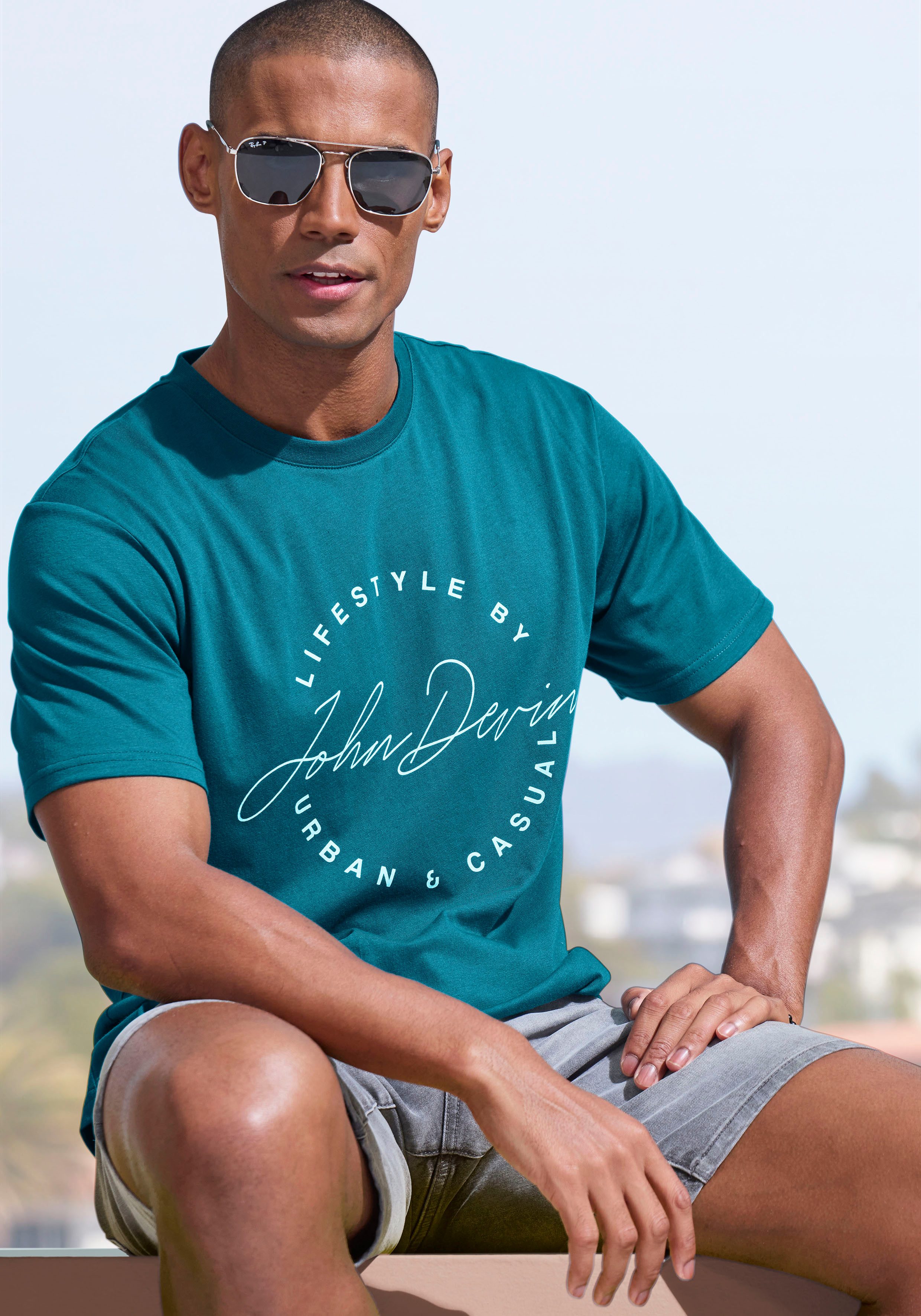 John Devin T-Shirt Rundhalsshirt mit Print aus reiner Baumwolle günstig online kaufen