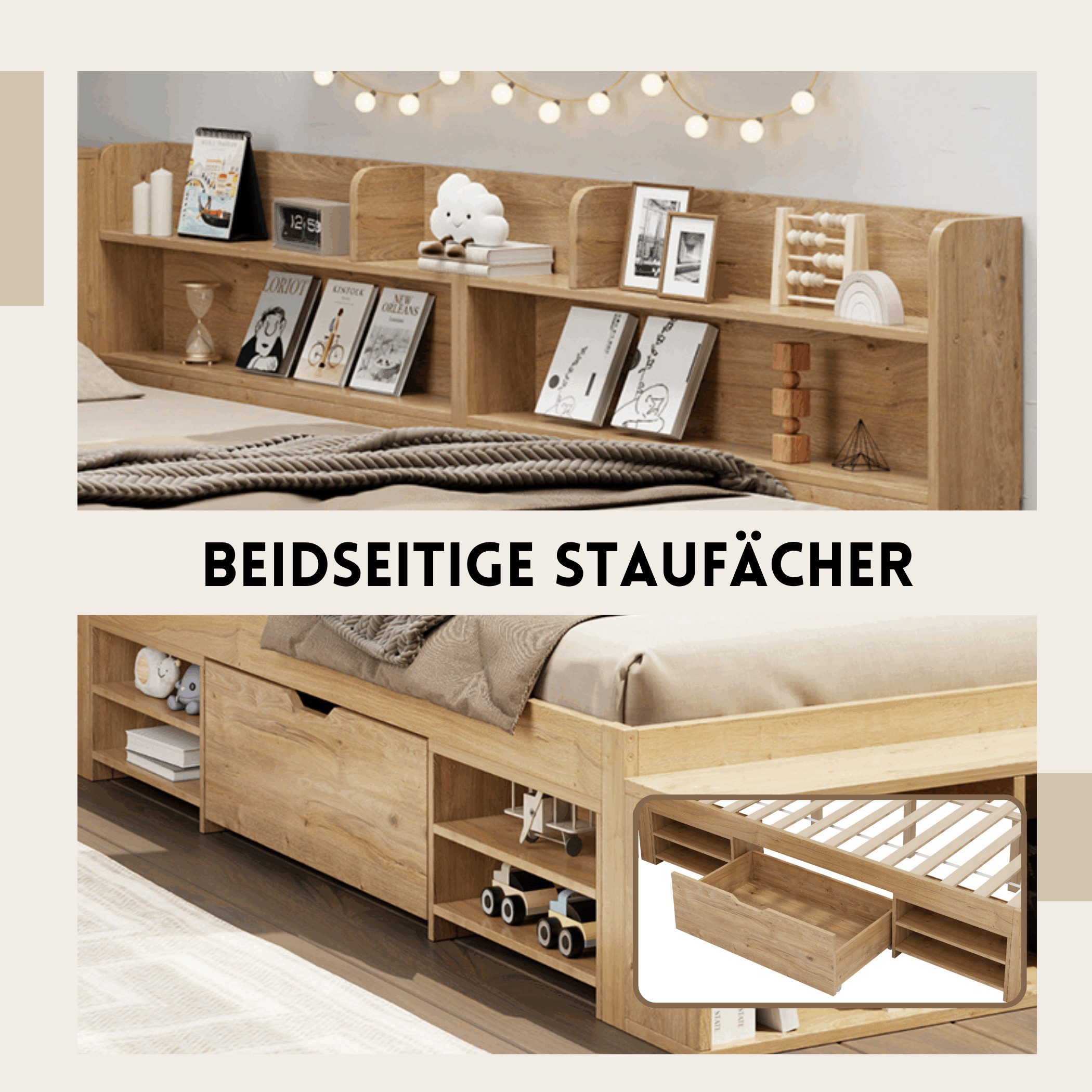SeedWave Holzbett Tagesbett mit USB- / Kabelloser-Ladefunktion, Nachttisch, 90/140×200cm, Stauraumbett mit 1× Rollenschublade, Staufächern – Bild 4 von 5