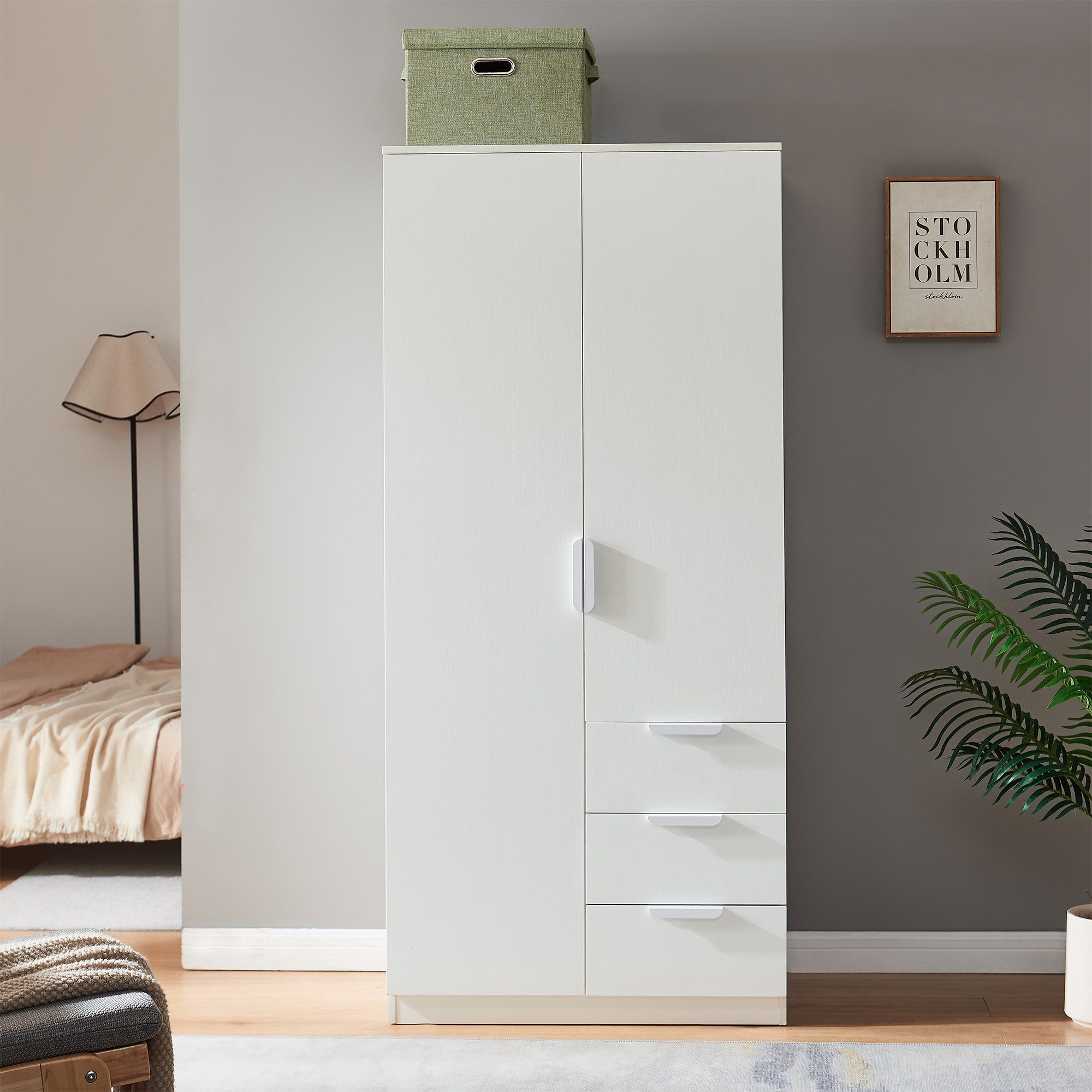 en.casa Kleiderschrank »Eiselfing« 2 Türen, 4 Fächer, 3 Schubladen 176x80x52 cm Weiß – Bild 3 von 5