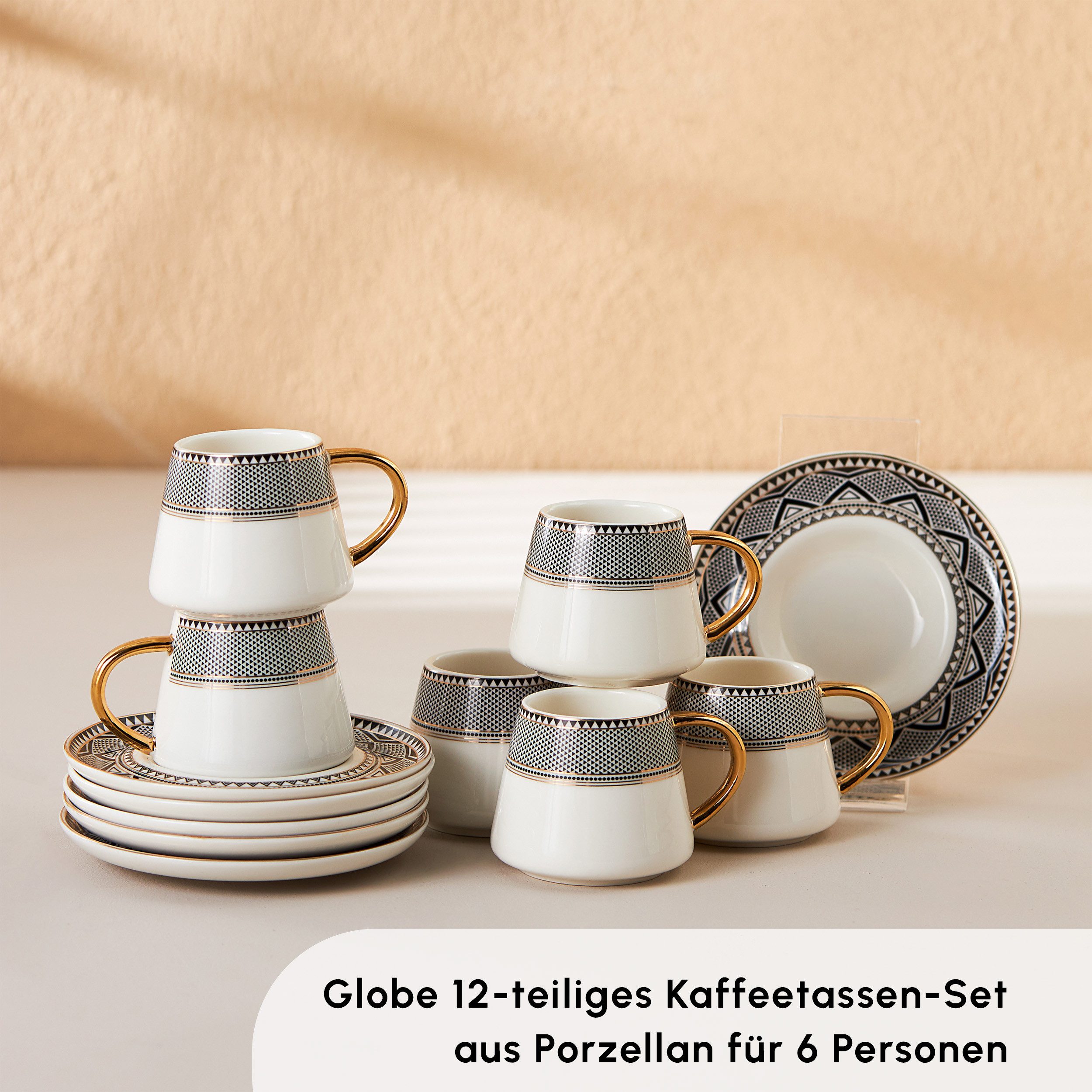 Karaca Kaffeeservice Karaca Globe 80 ml Kaffeetasse mit Untertasse Set 6 Personen, Schwarz
