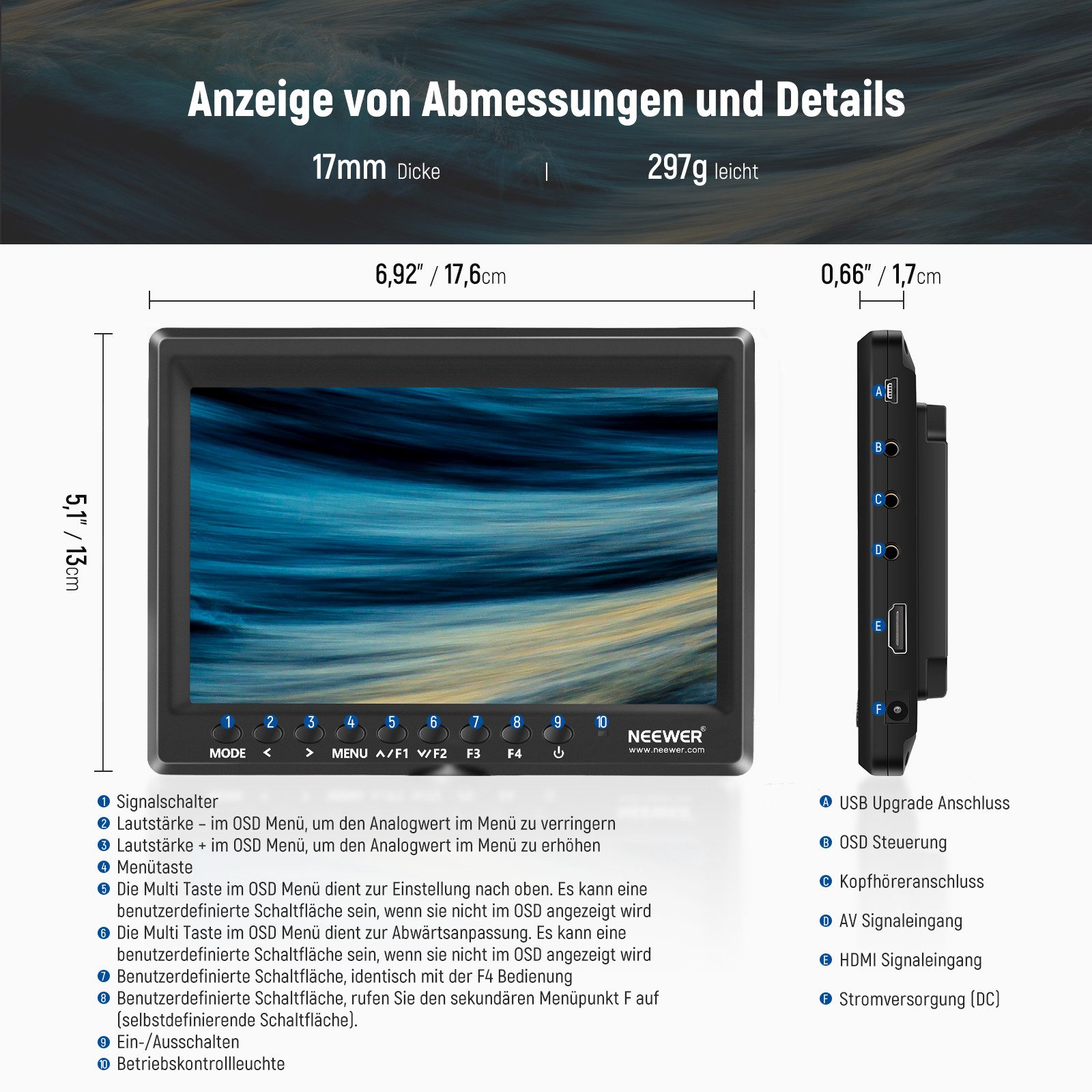 Neewer Kamerazubehör-Set F100 7" Feldmonitor 4K HDMI für DSLR & spiegellose Kameras, (Packung), Energie Efizienz Label (A bis G):D