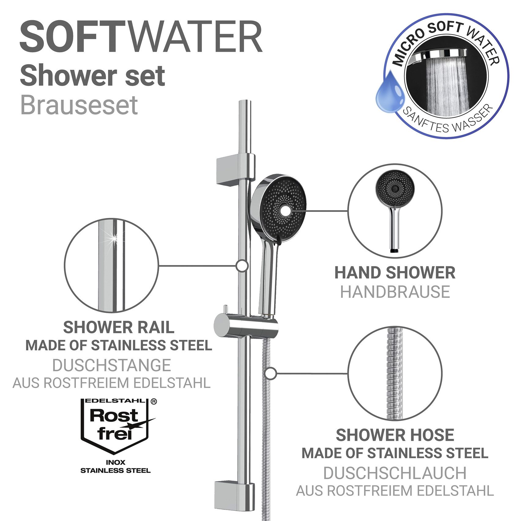 WENKO Brausehalter Softwater, Duschstange mit Duschkopf, 3 Strahlarten, Ø 12 cm, mikrofeine Düsen