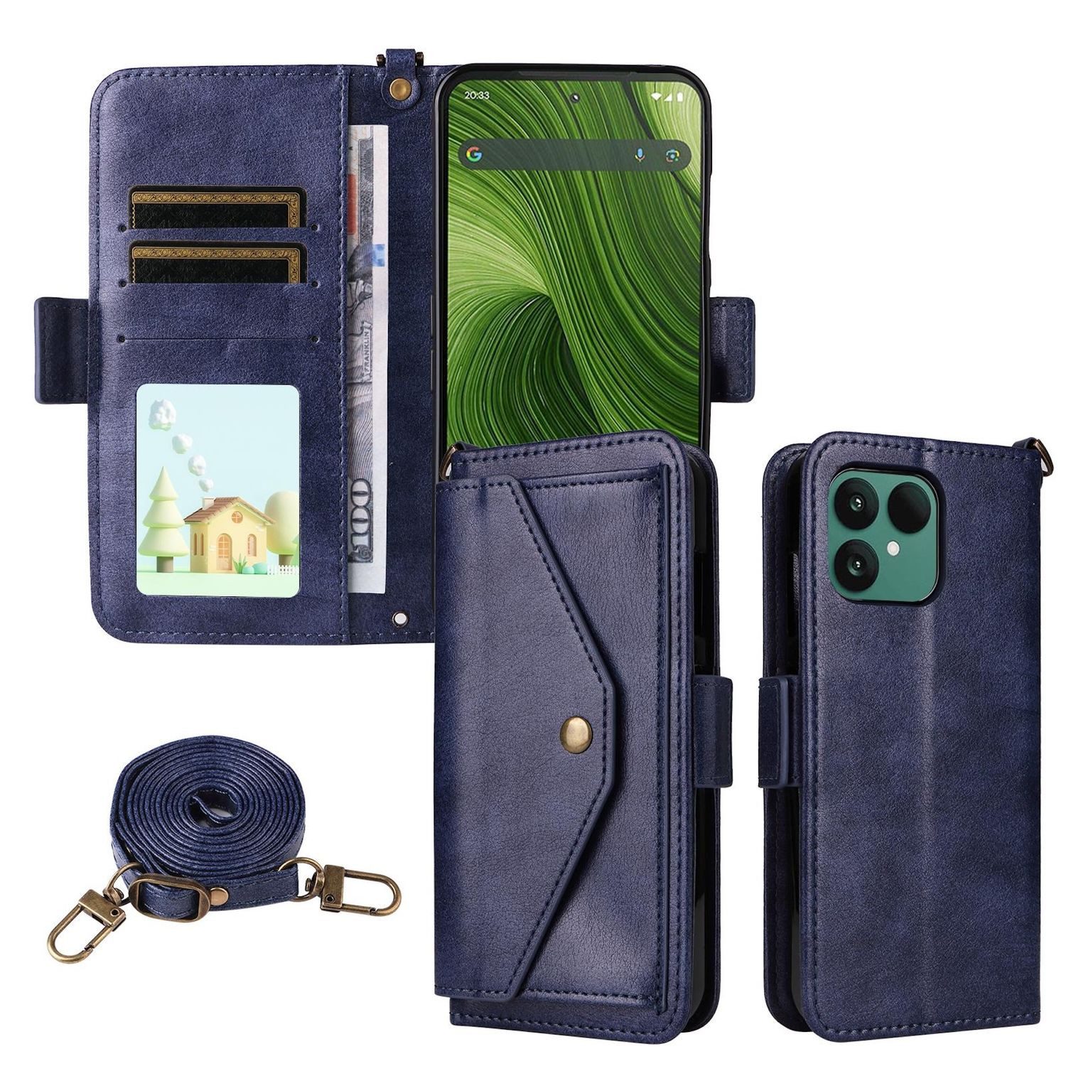 Wigento Smartphone-Hülle Für Fairphone 6 Crossbody Echtleder Kartenfach Schutz Hülle Blau, Mit Kartenfächern, Gurt, Standfunktion