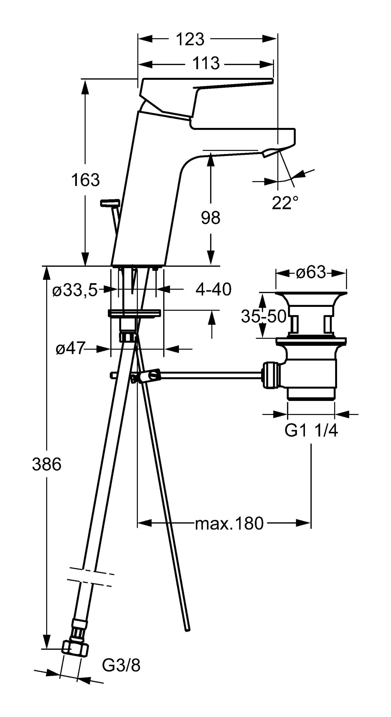 Zugstangen-Ablaufgarnitur Waschtischarmatur mm XL HANSA 123 Ausladung mit Einhand-Einlochbatterie Hansatwist