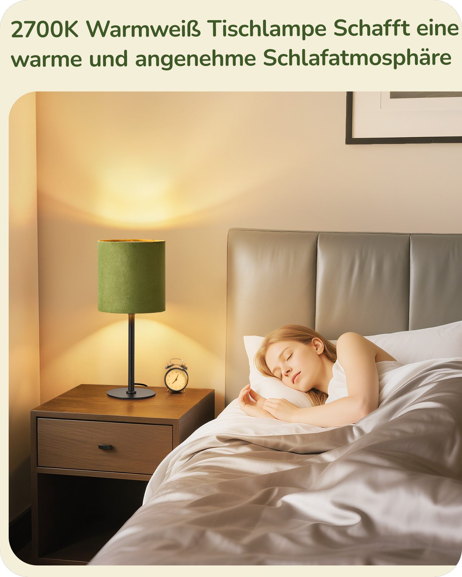 EDISHINE Nachttischlampe mit schwarzem Metallsockel und Samtschirm, LED wechselbar, Warmweiß, Grüne Gold Vintage Tischlampe inkl. 2700K LED Leuchtmittel, 38cm – Bild 5 von 5