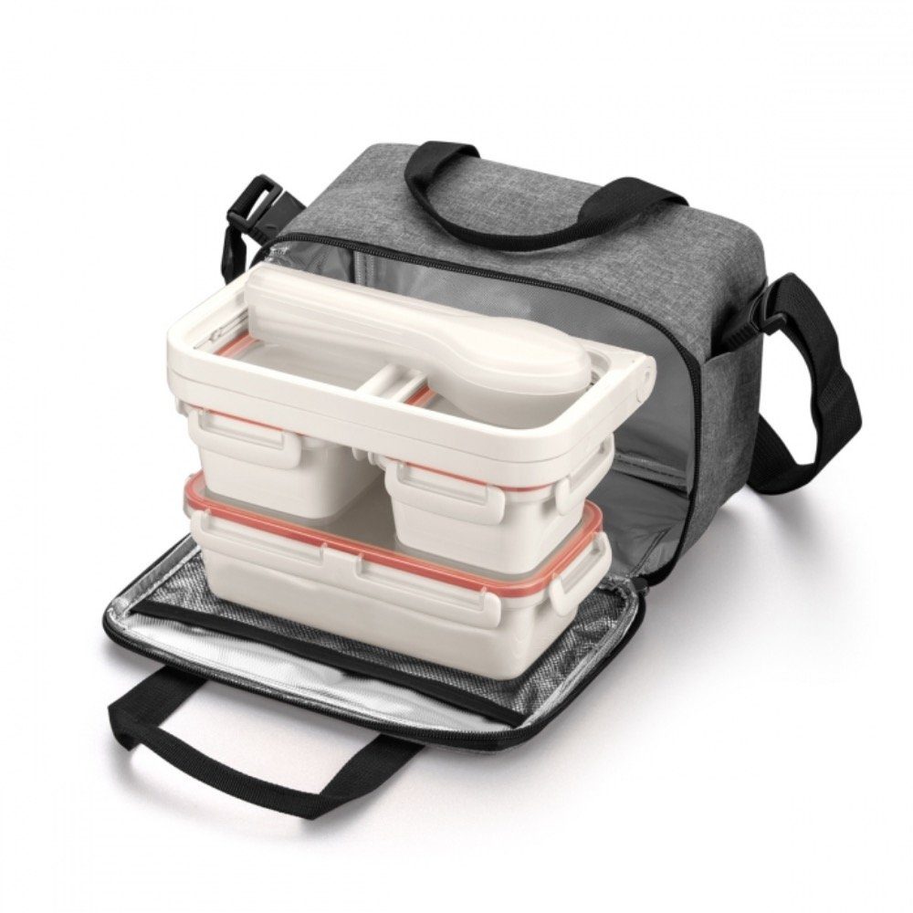 Tescoma Lunchbox Lunchbox-Set FRESHBOX, mit Isoliertasche, Synthetik, (Set, 7-tlg., Set besteht aus 3 luftdichten Dosen, einem Essbesteck mit Hülse, einem Servierhalter und einer Isoliertasche), kühlschrank-, tiefkühltruhe- und mikrowellengeeignet, Isolierschicht