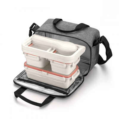 Tescoma Lunchbox Lunchbox-Set FRESHBOX, mit Isoliertasche, Synthetik, (Set, 7-tlg., Set besteht aus 3 luftdichten Dosen, einem Essbesteck mit Hülse, einem Servierhalter und einer Isoliertasche), kühlschrank-, tiefkühltruhe- und mikrowellengeeignet, Isolierschicht