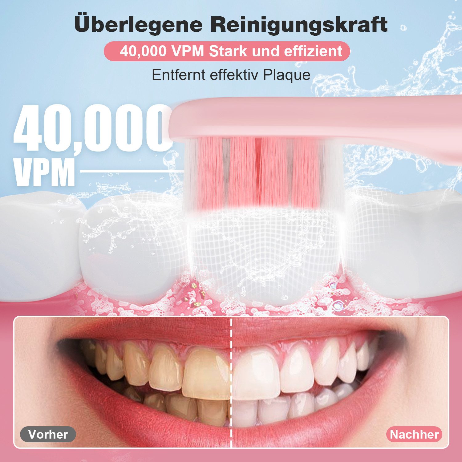 MCURO Schallzahnbürste Schallzahnbürste für Zahnpflege 40000 VPM, 5 Putzmodi, Aufsteckbürsten: 6 St., Reise Zahnbürsten,Timer,TYPE-C aufladbar