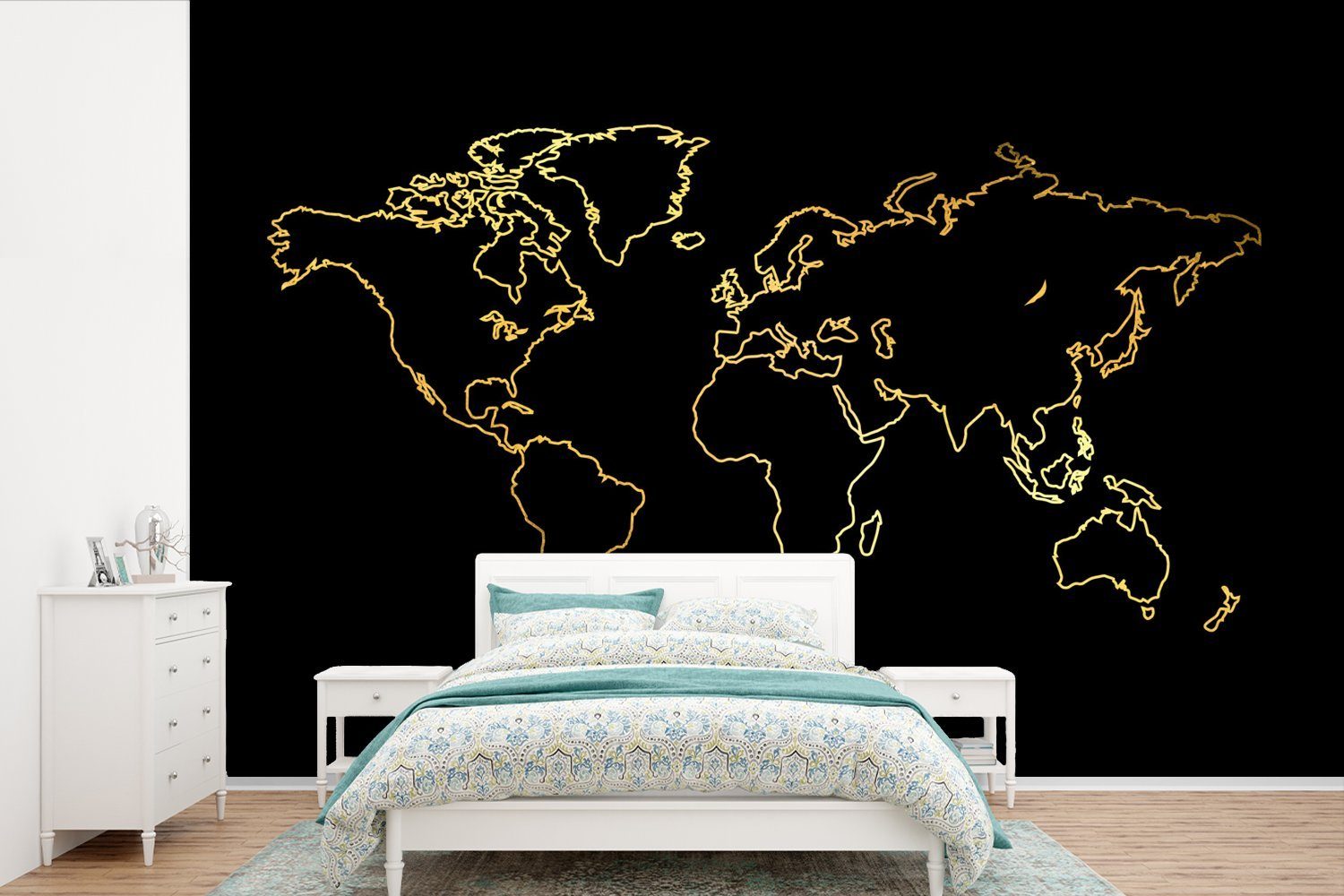 MuchoWow Fototapete Goldene Weltkarte auf schwarzem Hintergrund, Matt, bedruckt, (6 St), Wallpaper für Wohnzimmer, Schlafzimmer, Kinderzimmer, Vinyl Tapete