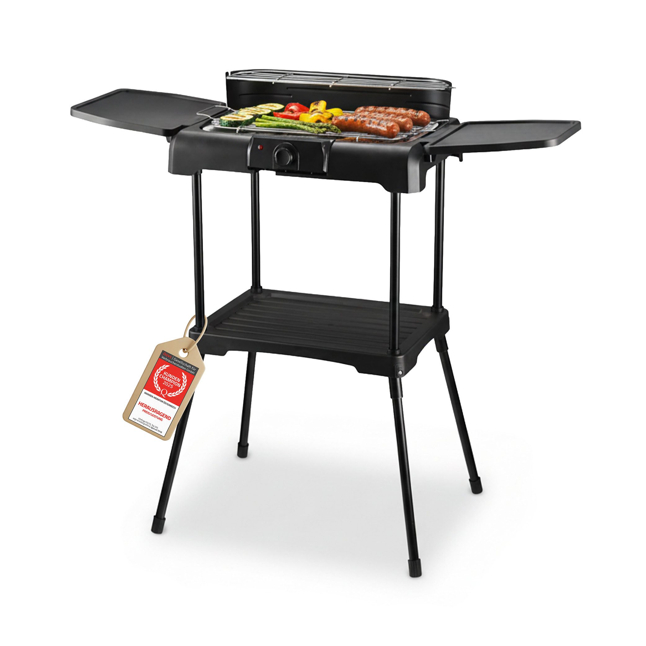 TZS FIRST AUSTRIA Elektrogrill 2200W, Standgrill mit Temperaturregler & Wärmereflektor, 2000 W, 2-in-1 Elektro-Standgrill & Tischgrill, Windschutz & IPX4 Schutz