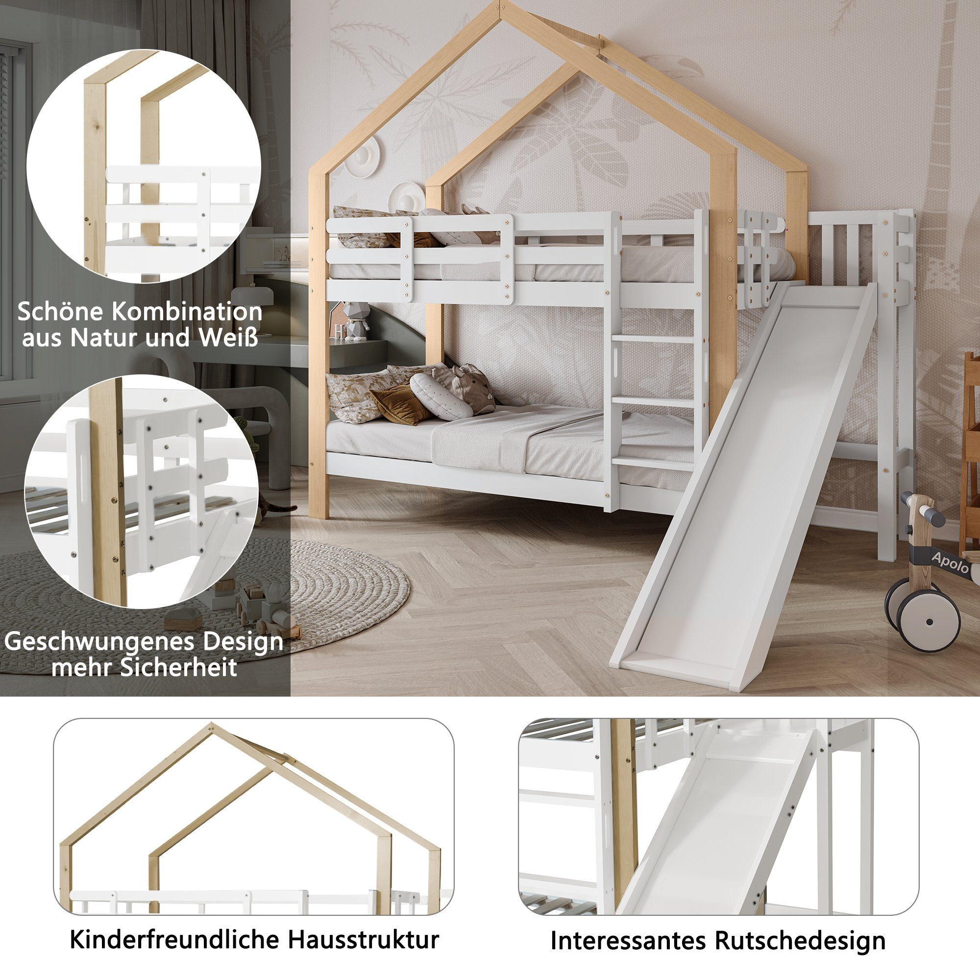 Etagenbett, Hochbett Kinderbett mit Lattenrost, Rutsche und Leiter, 90x200cm