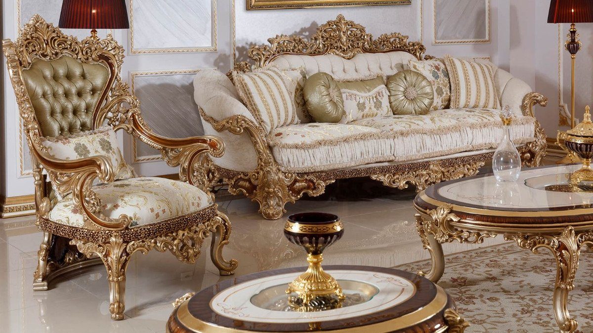 Casa Padrino Sofa Luxus Wohnzimmer Sofa Braun Prunkvoll Sofa Edel Hotel Möbel Barock - - Prunkvolles & Wohnzimmer - elegantem Gold / & / / Muster Barock Weiß Mehrfarbig mit