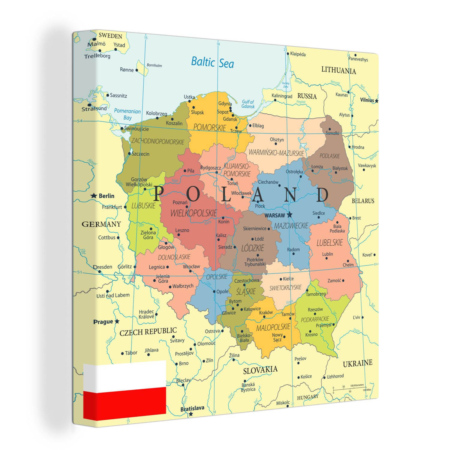OneMillionCanvasses® Leinwandbild Bunte Karte von Polen, (1 St), Wandbild, Deko Schlafzimmer Wohnzimmer Flur 20x20 cm